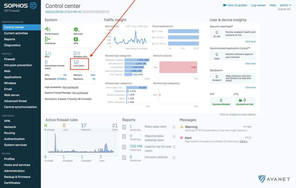 Live User Anzeige auf dem SFOS Dashboard