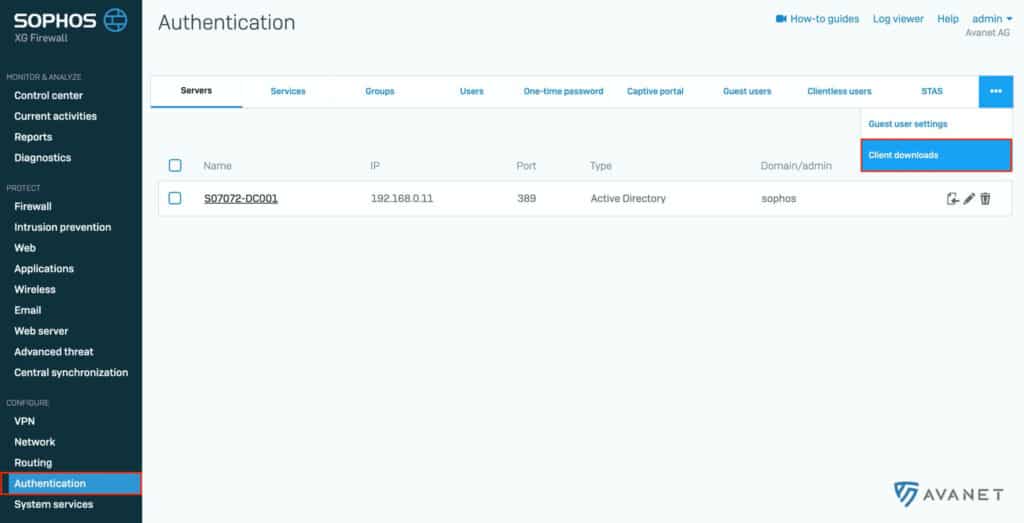 Client downloads drop-down menu on Sophos Firewall (SFOS)