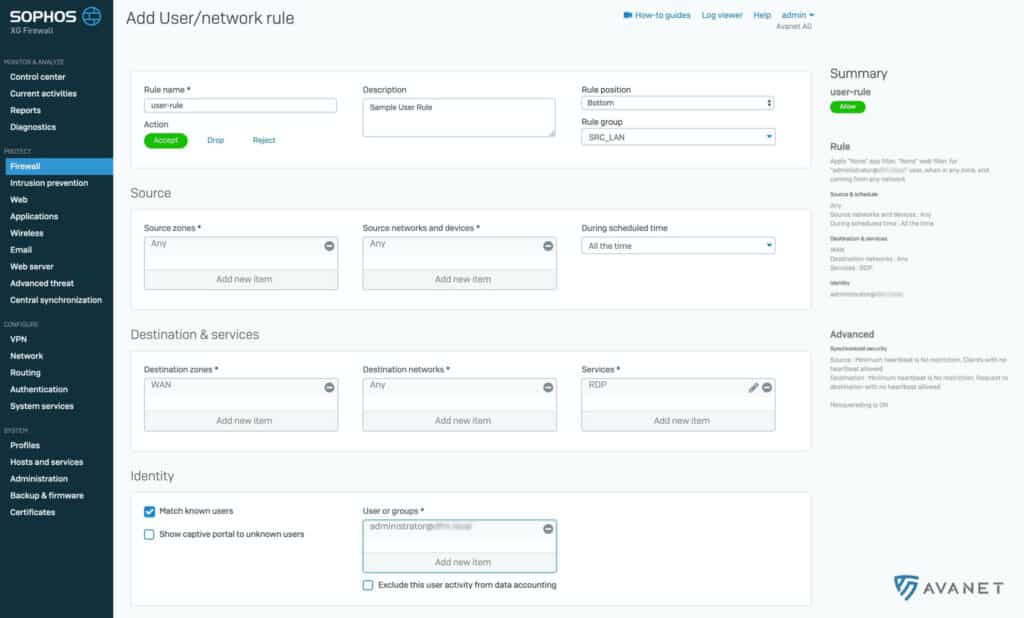 Firewall rule for administrator to access the Internet using RDP