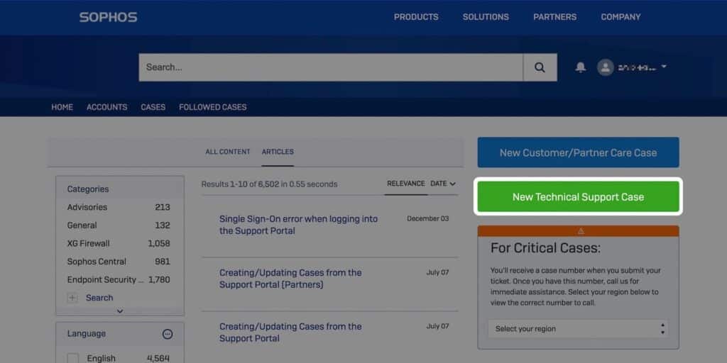 Open a new ticket in the Sophos support portal