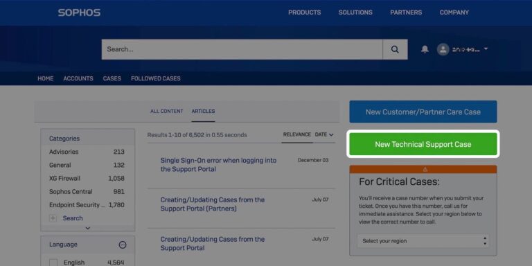 How do I open a support ticket with Sophos?