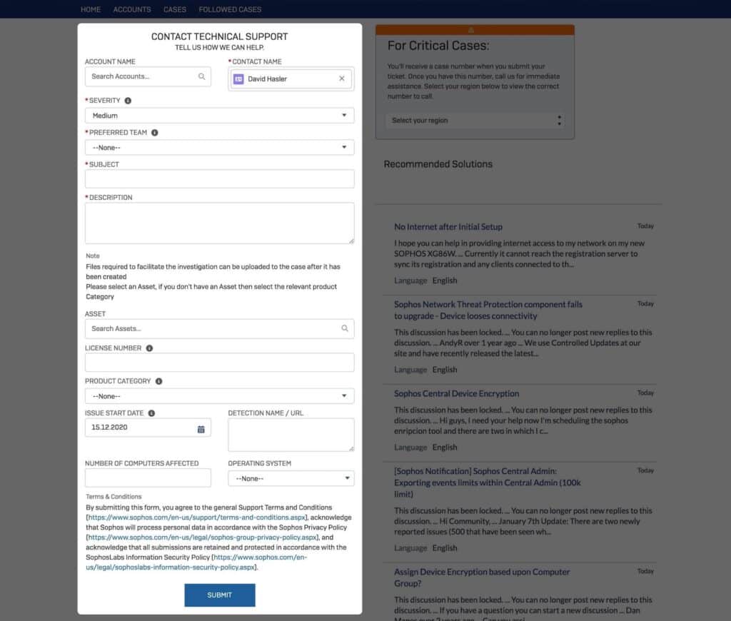 Form to open a ticket