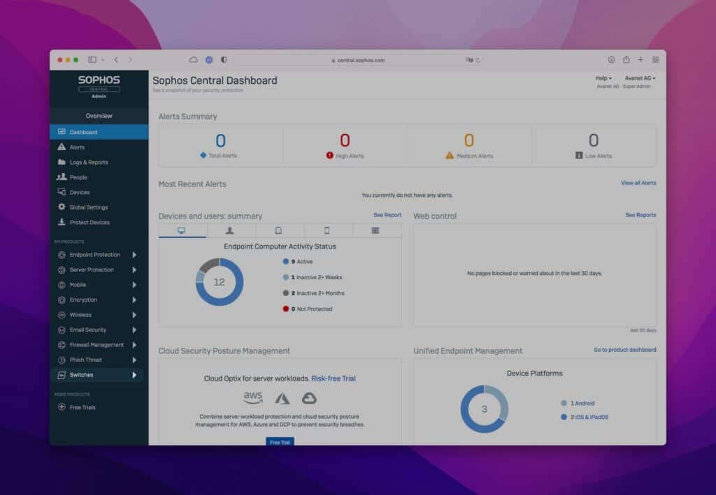 Sophos Switch Central Management
Menü Switch