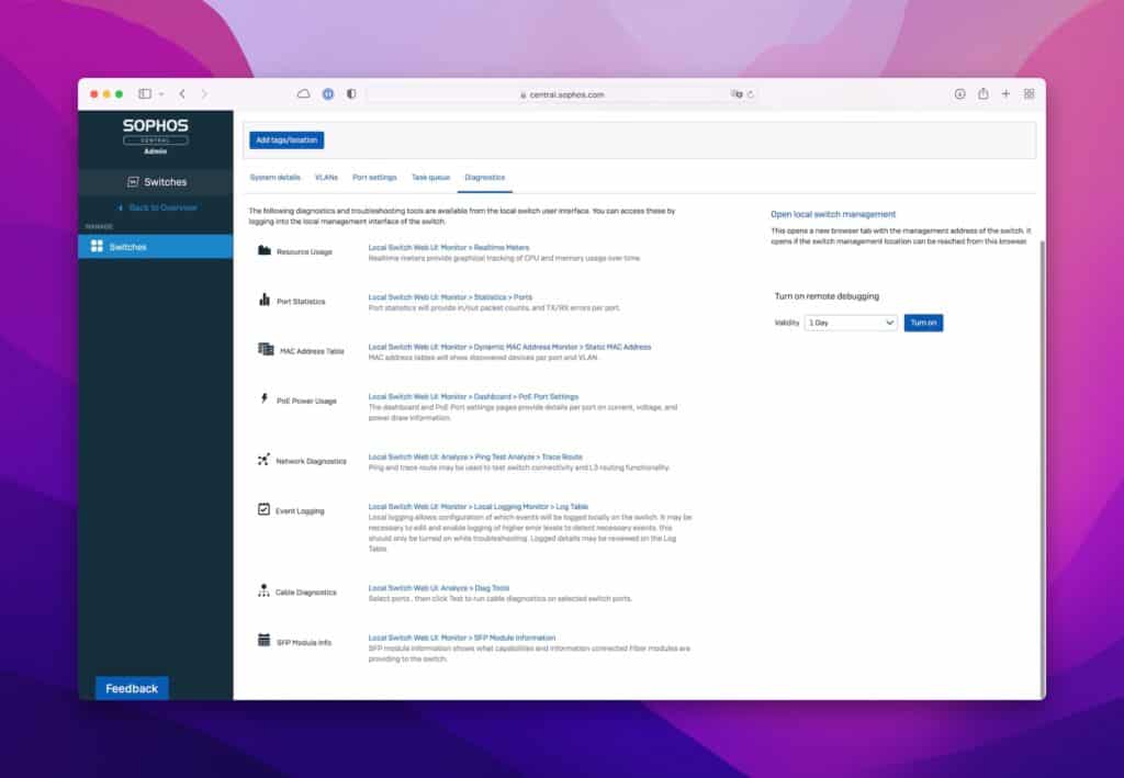 Sophos Switch Central Management
Diagnostics