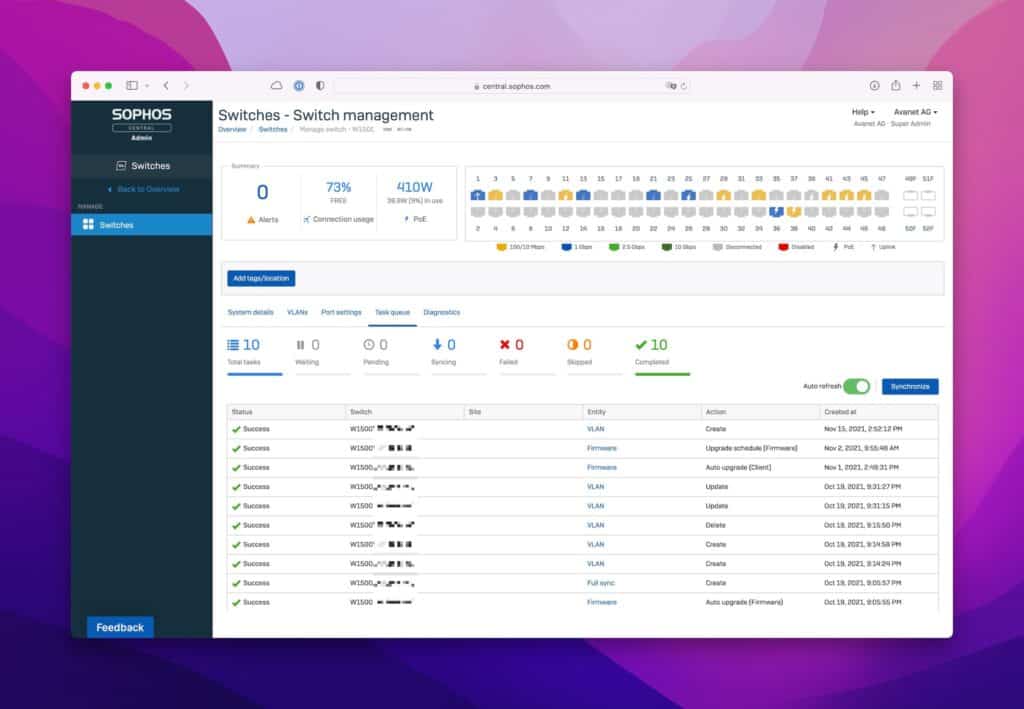 Sophos Switch Central Management Task Queue