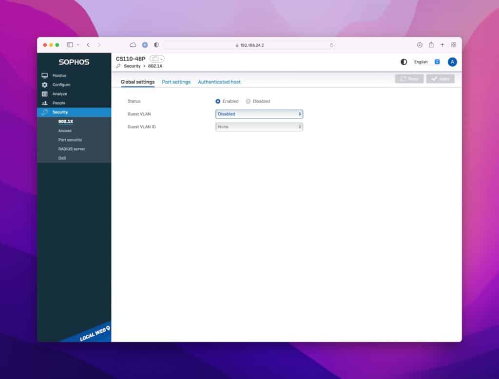 Sophos Switch Local Security Settings