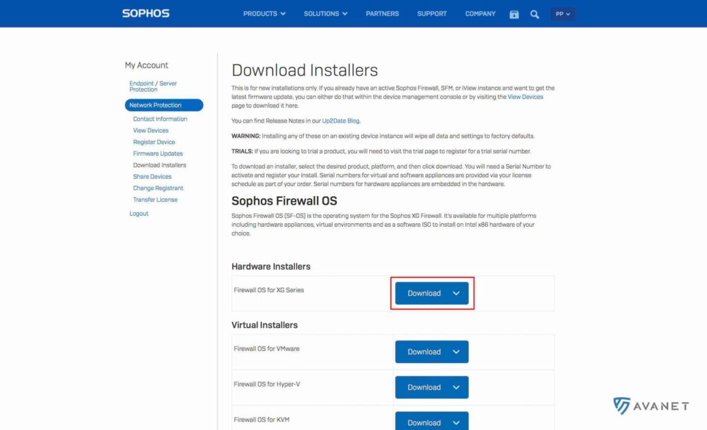 Descarga del firmware de Sophos Firewall