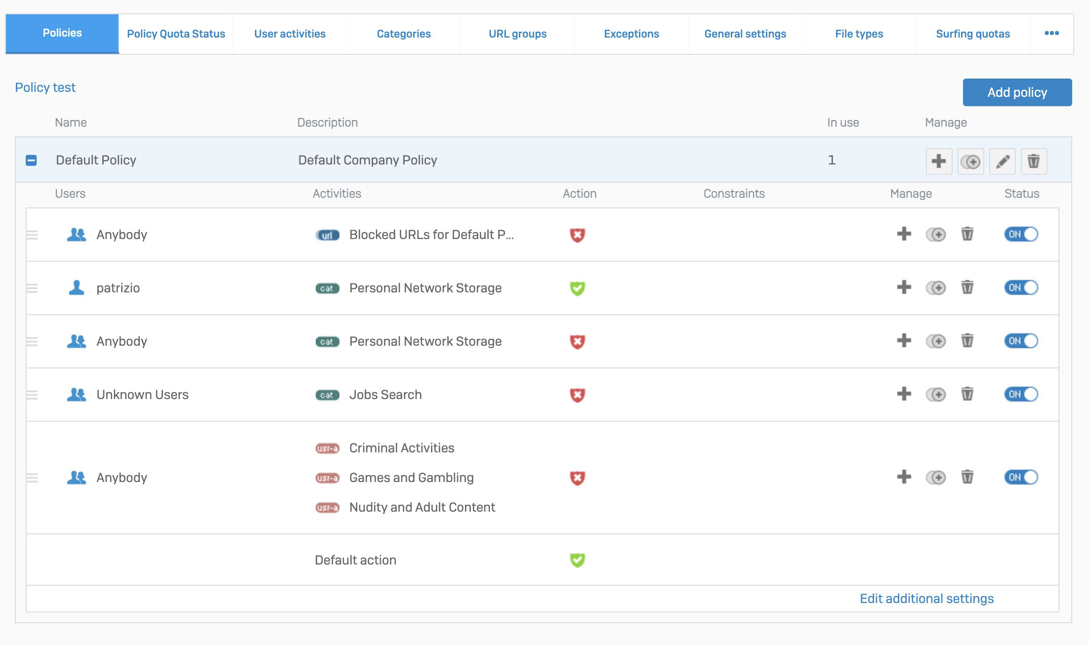 Sophos Web Protection - políticas de filtrado web