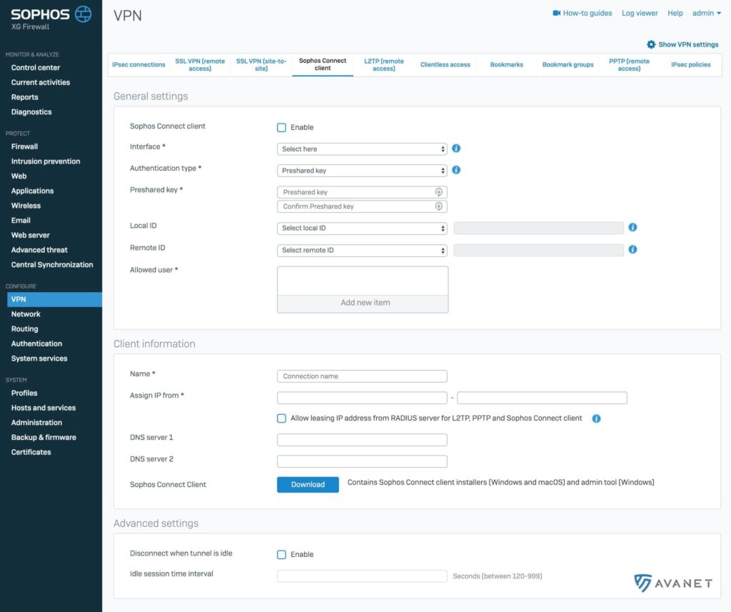 Sophos XG v17.5 - Sophos Connect IPSec VPN Client Admin Einstellungen