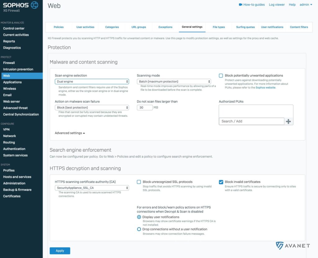 Sophos Firewall SFOS v17.5 - Web Protection General settings