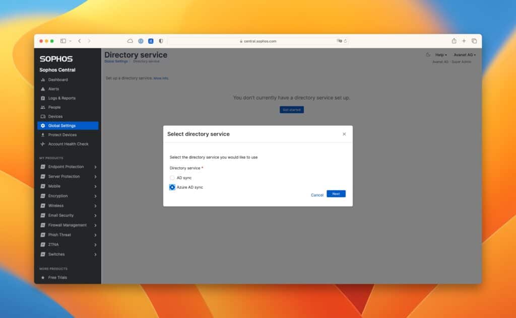 Sophos Central - Global Settings - Directory Services - Add Azure AD