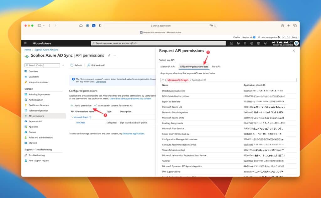 Azure AD - App registrations - Sophos Azure AD Sync - Add API permissions