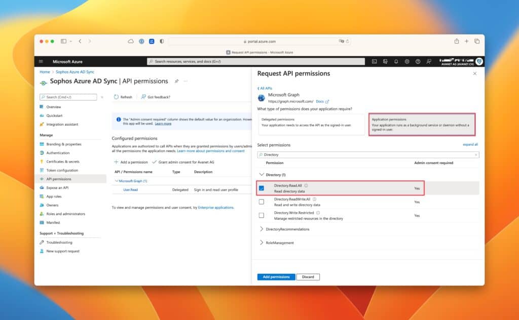 Azure AD - App registrations - Sophos Azure AD Sync - API permissions