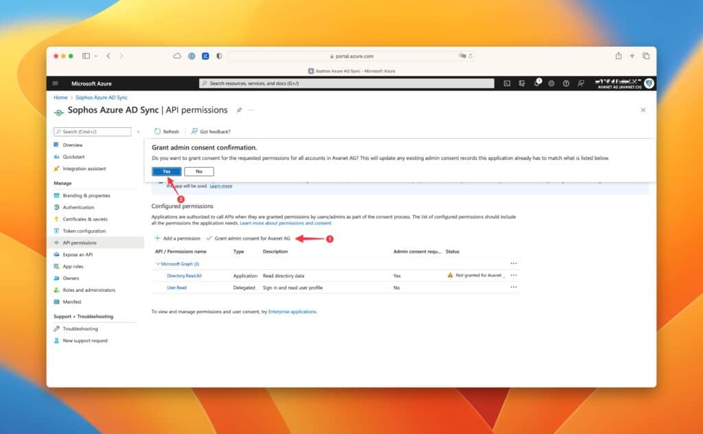 Azure AD - App registrations - Sophos Azure AD Sync - API permissions