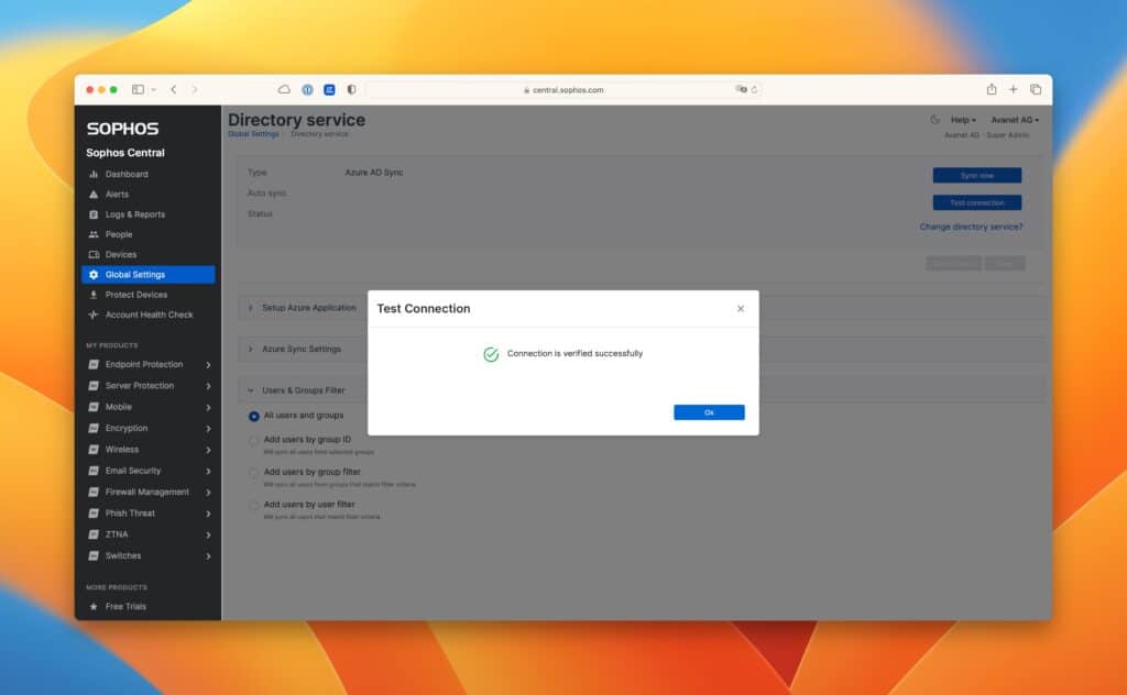 Sophos Central - Global Settings - Directory service - Azure AD - Test Connection