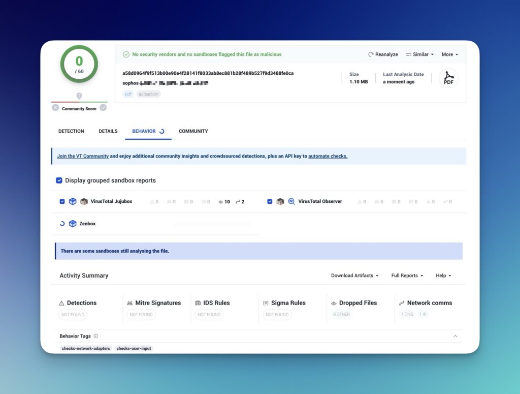 VirusTotal - Rapporti della Sandbox di comportamento