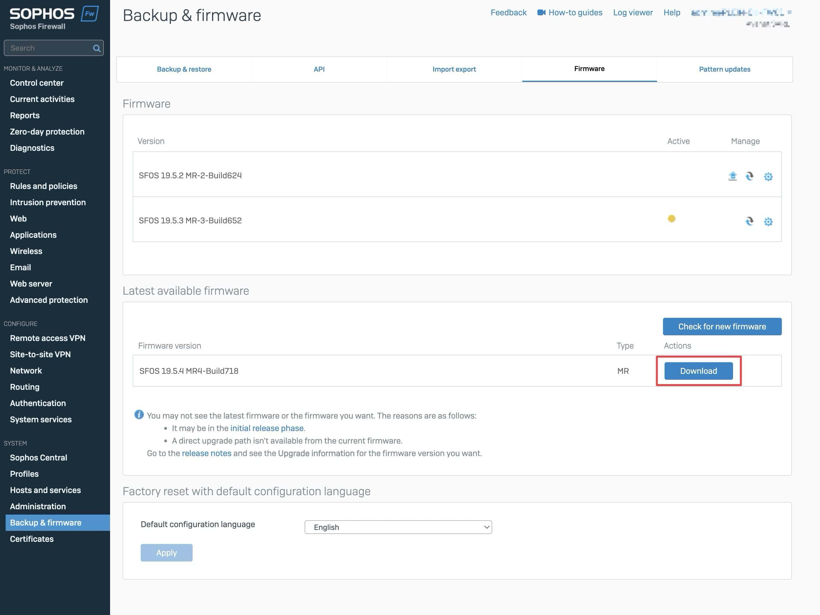 Sophos Firewall Firmware Upgrade - Download Firmware