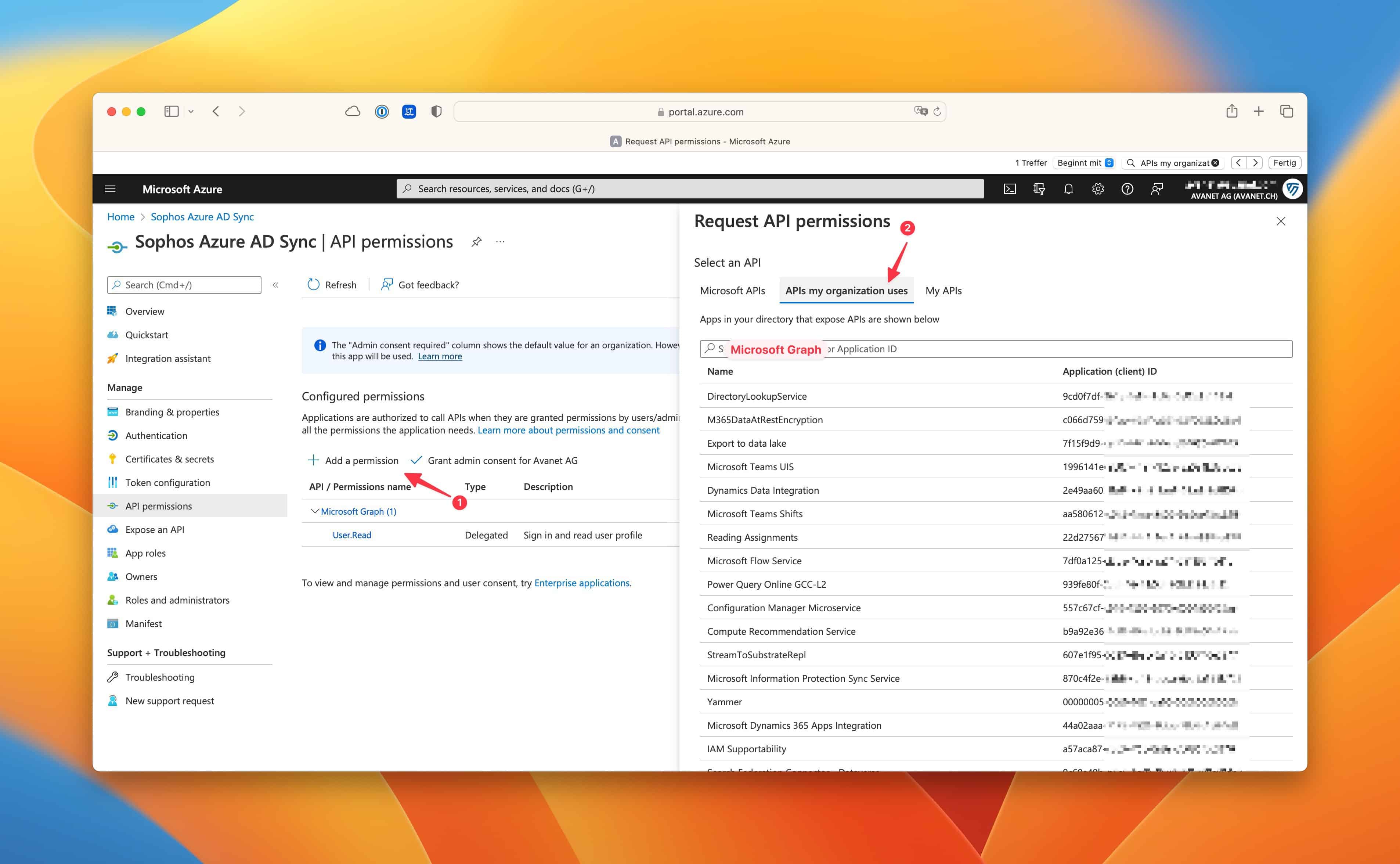Azure AD - App registrations - Sophos Azure AD Sync - Add API permissions