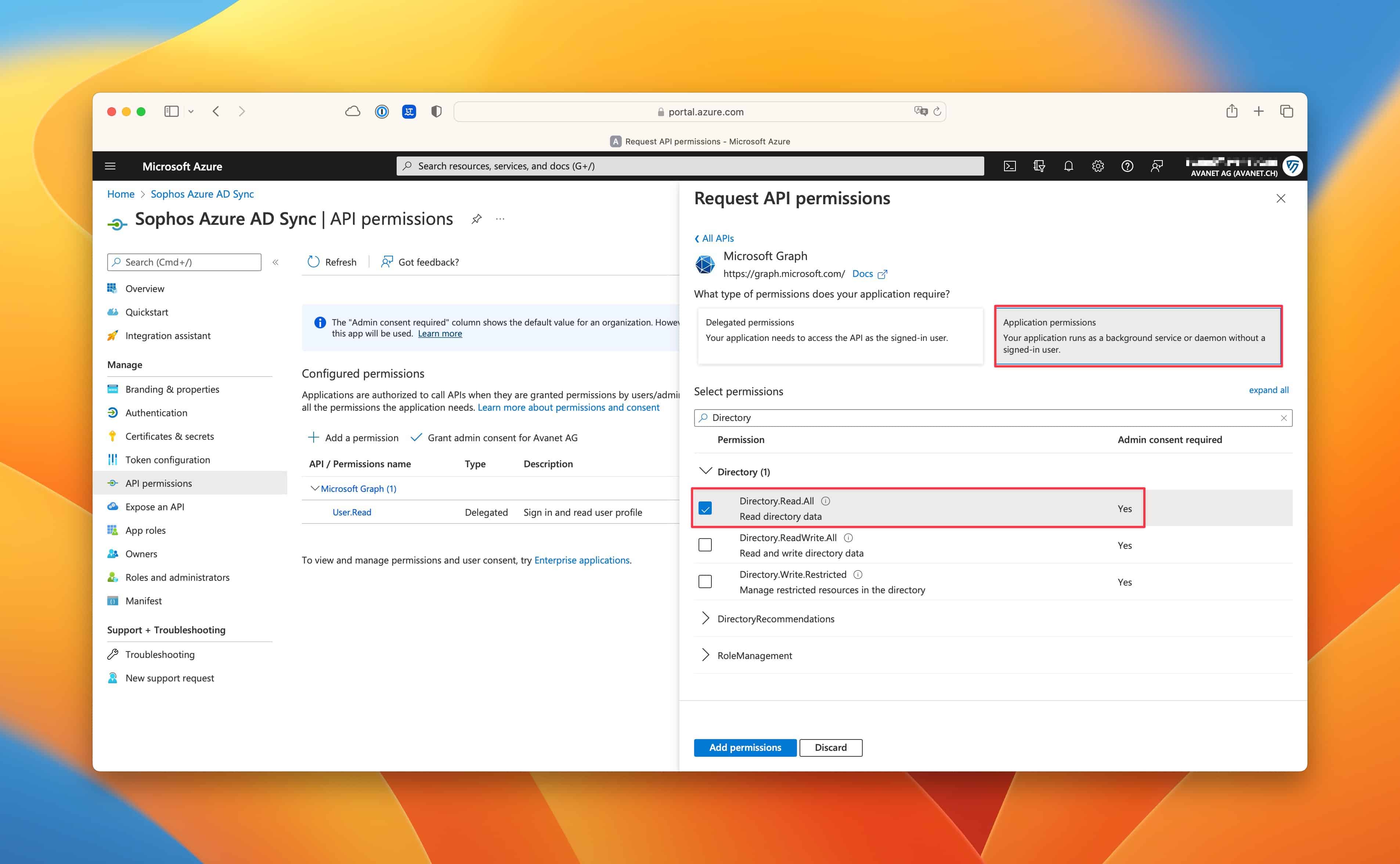 Azure AD - App registrations - Sophos Azure AD Sync - API permissions