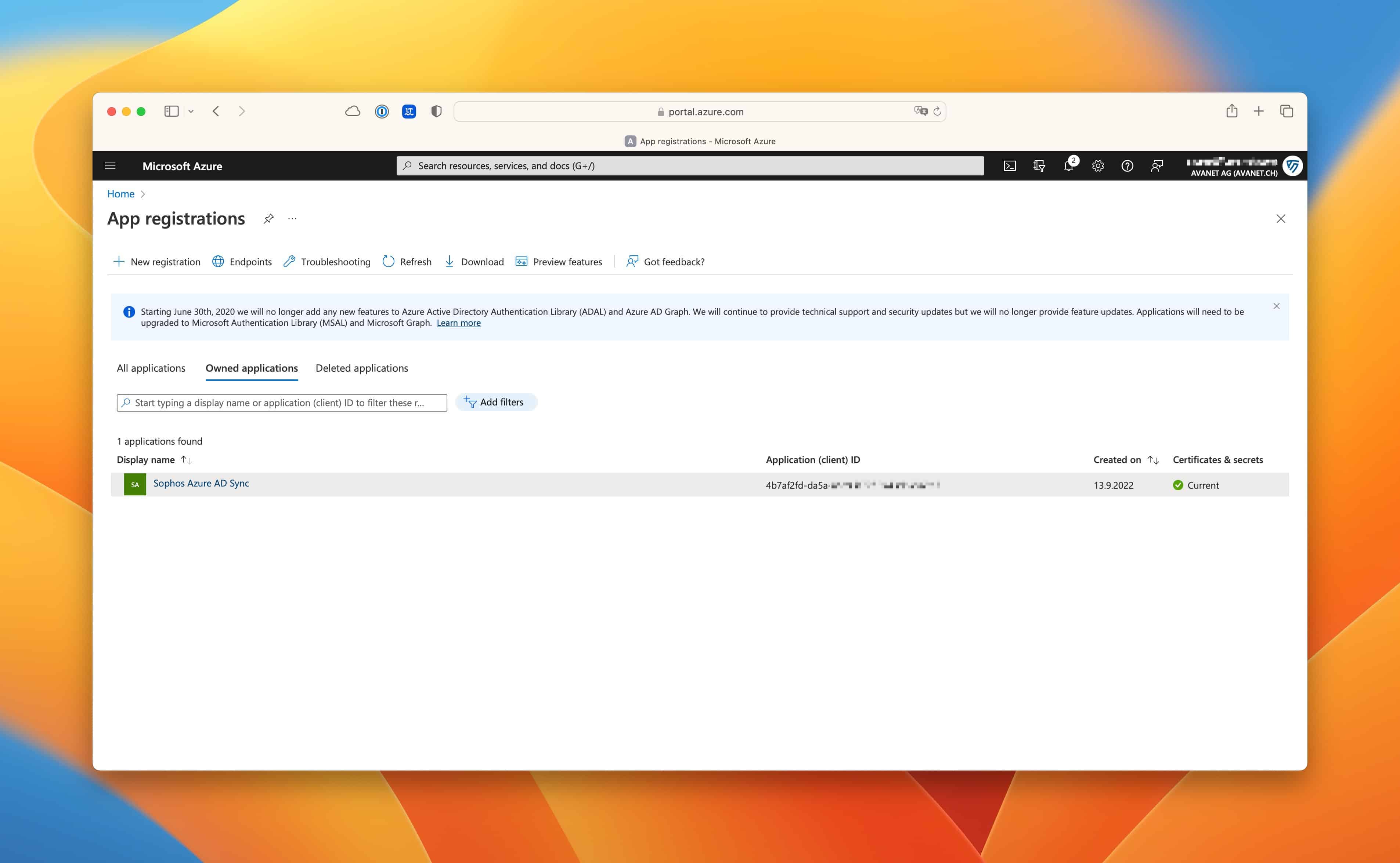 Registo da aplicação Azure AD para Sophos Azure AD Sync