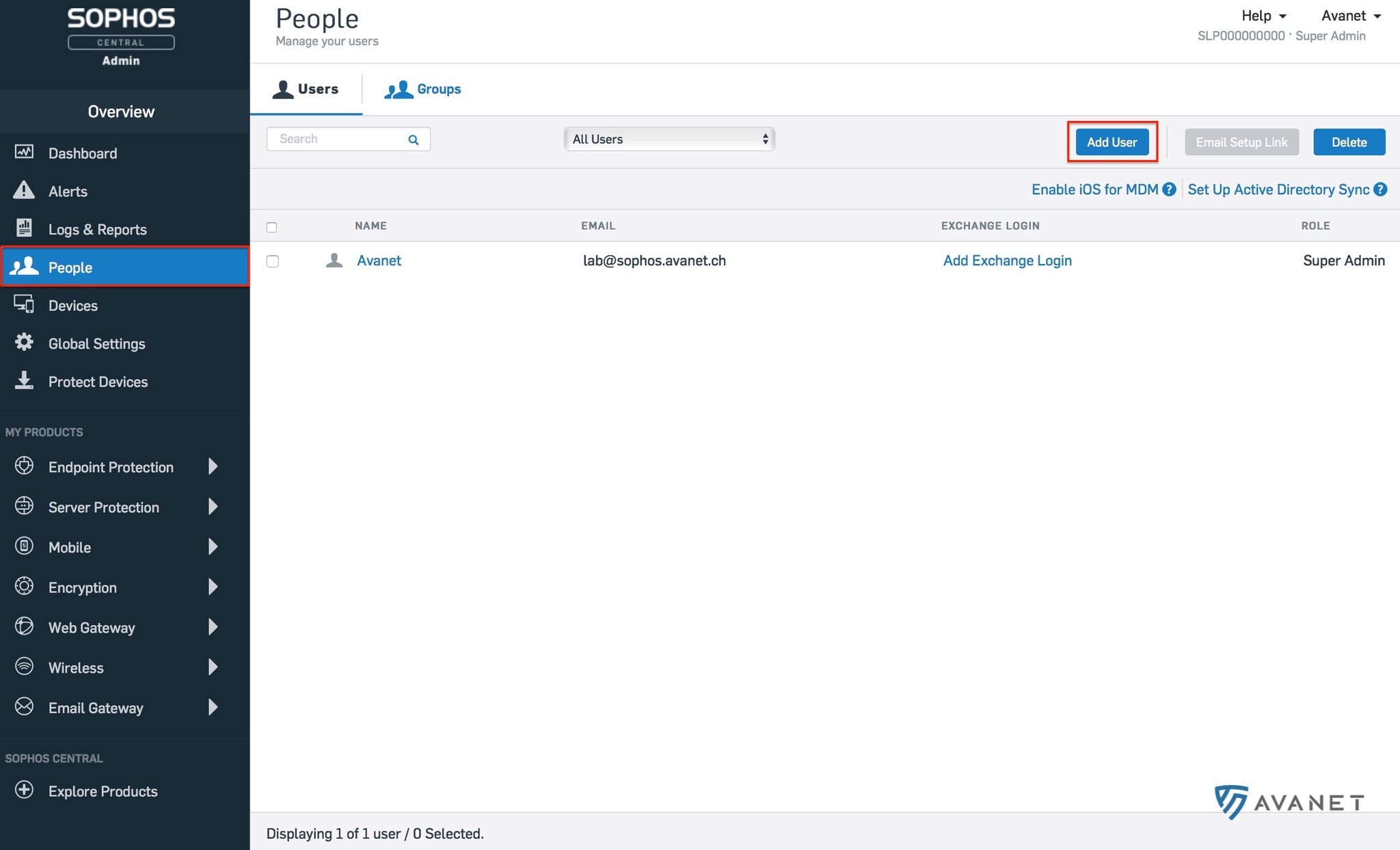 Vista general de usuarios en Sophos Central