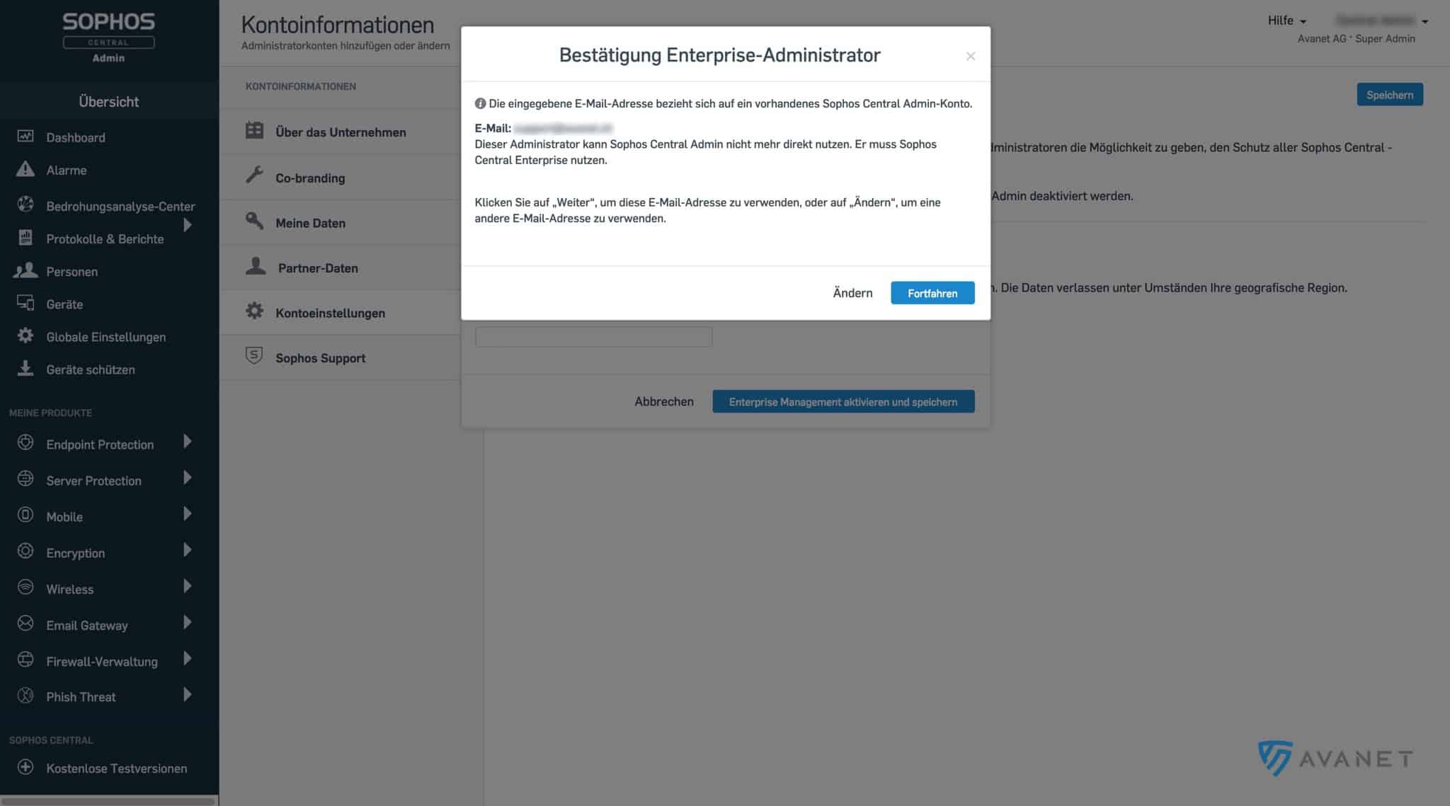 Sophos Central Enterprise Administrator bevestigen