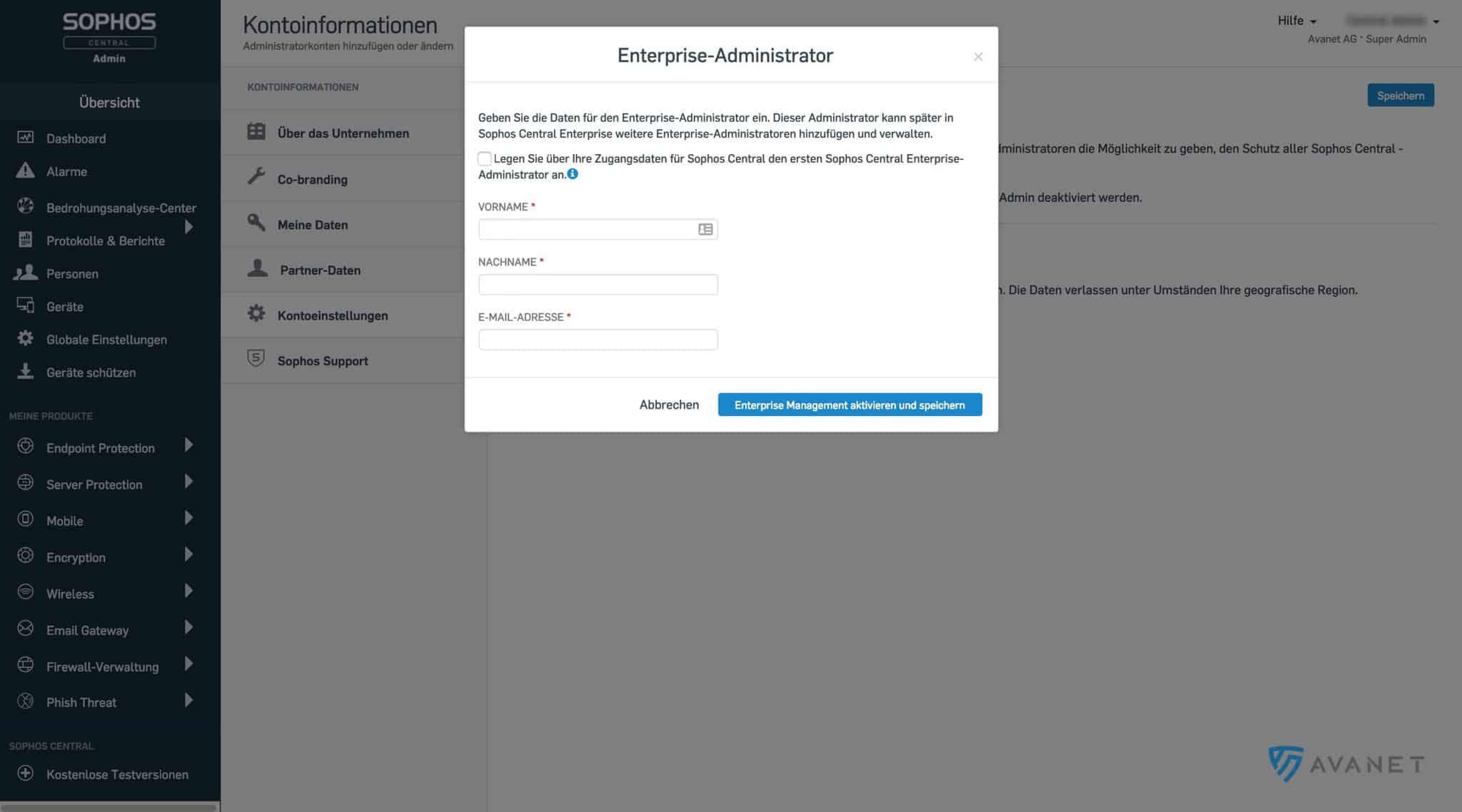 Gegevens voor de Sophos Central Enterprise Administrator invoeren