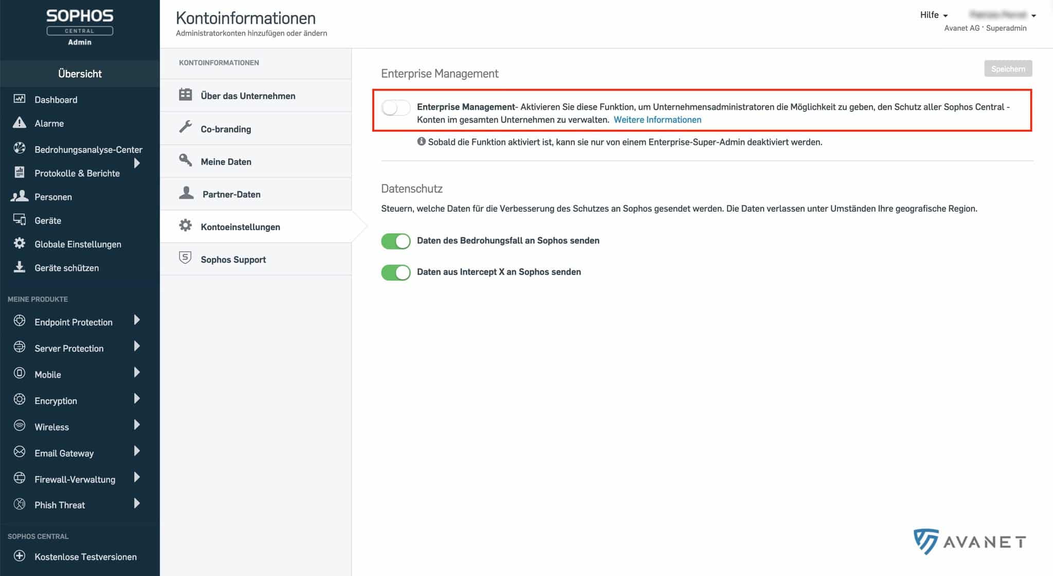 Sophos Central Enterprise Management activeren