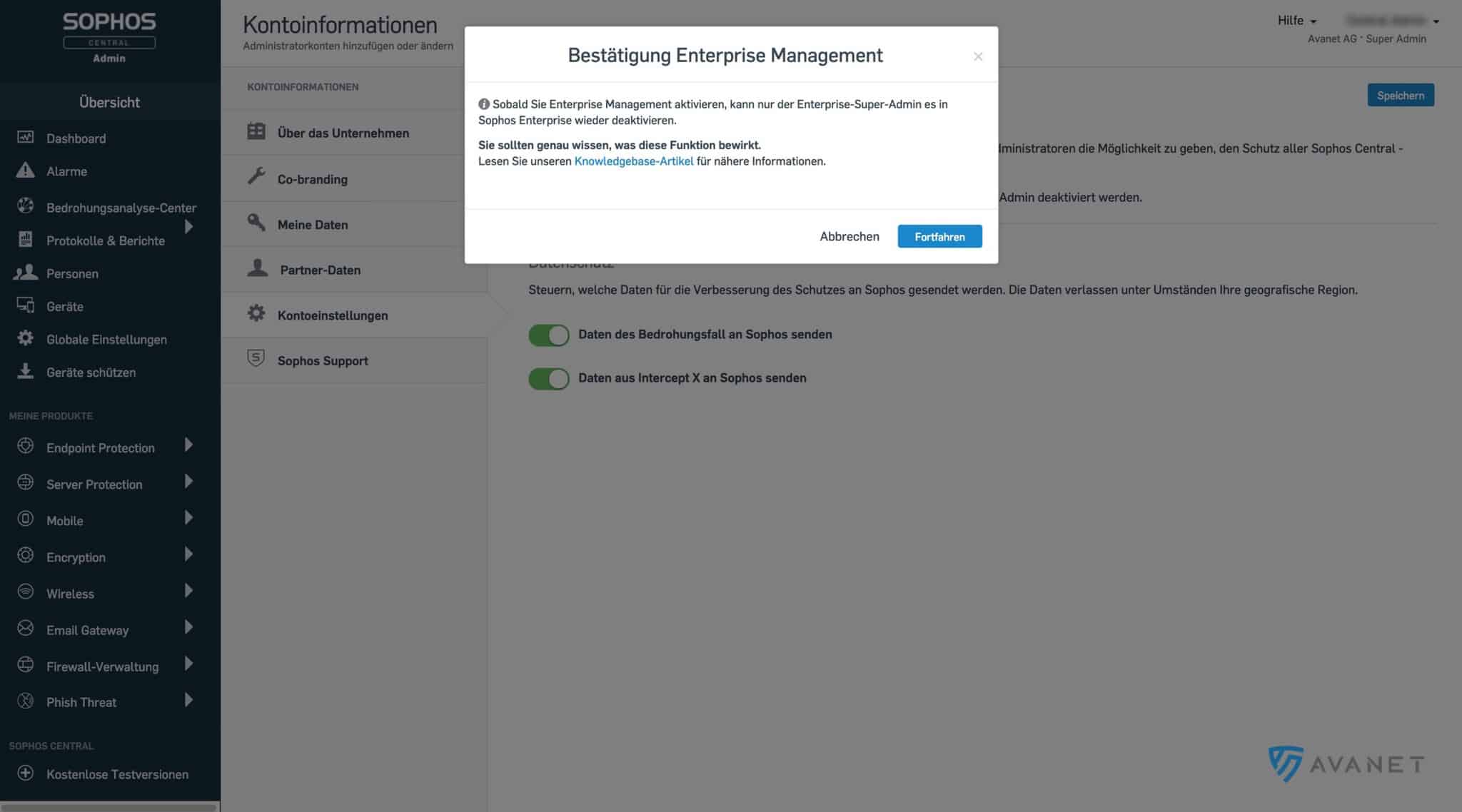 Sophos Central Enterprise Management bevestiging