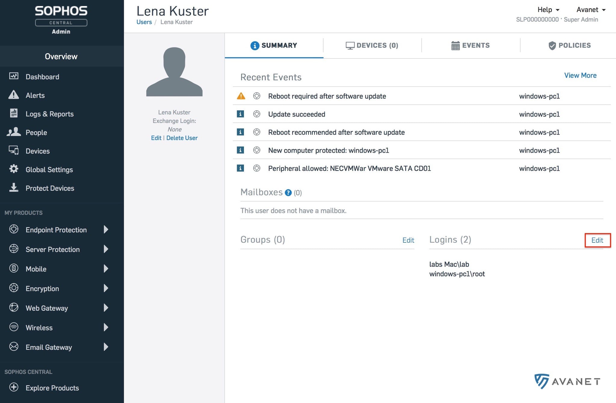Sophos Central Usuario – Editar inicios de sesión