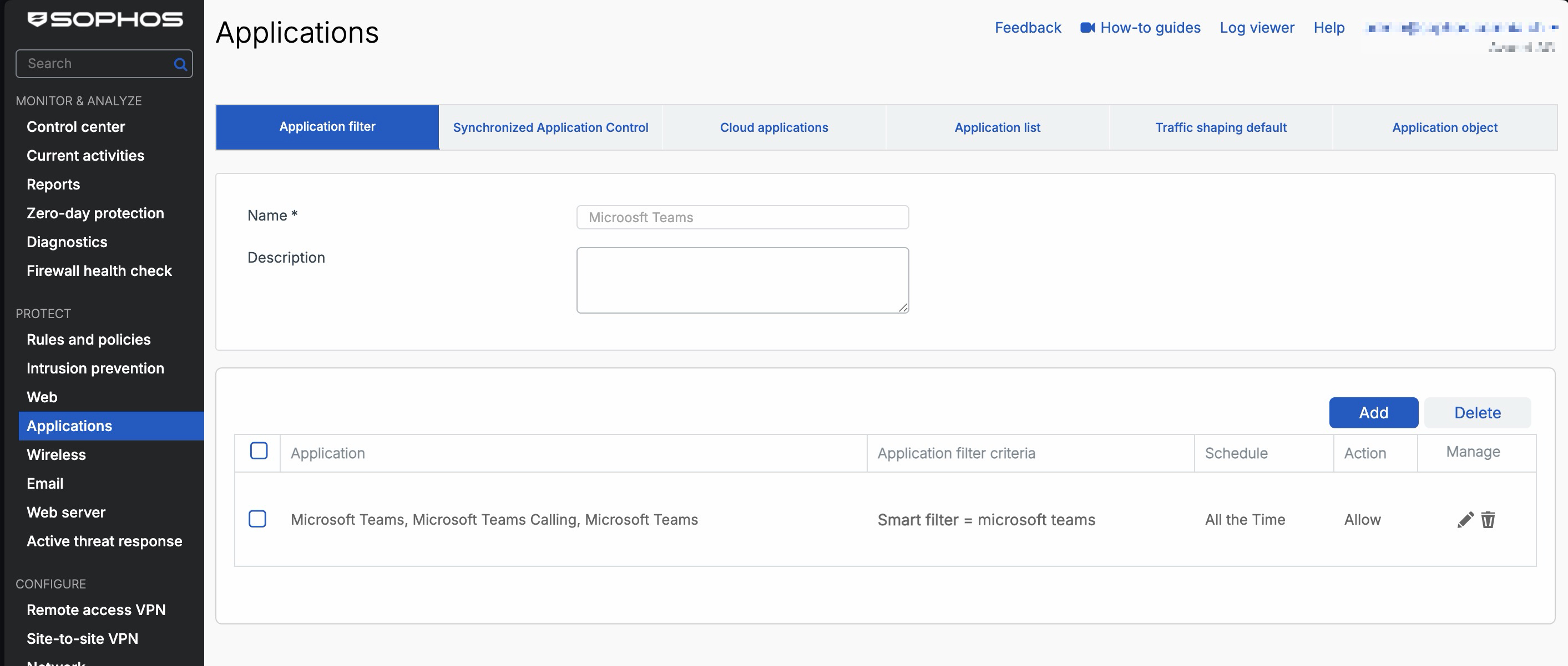 Sophos Firewall - Application Filter für Microsoft Teams