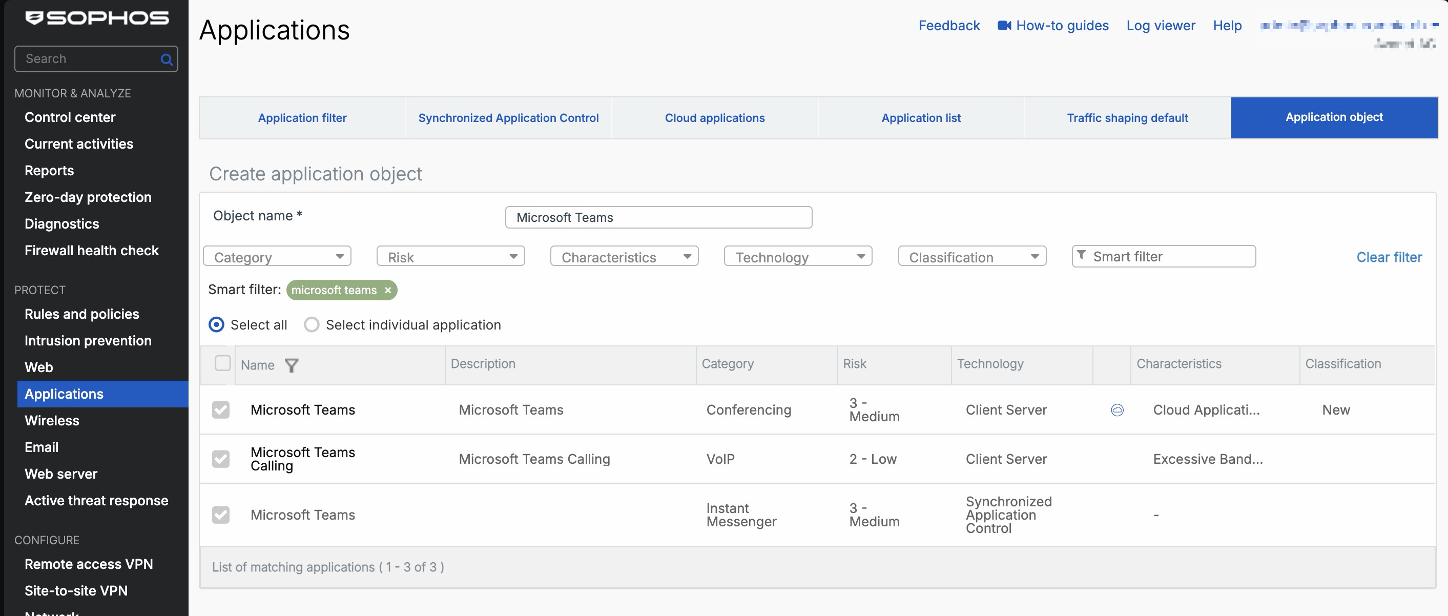Sophos Firewall - Application object für Microsoft Teams erstellen
