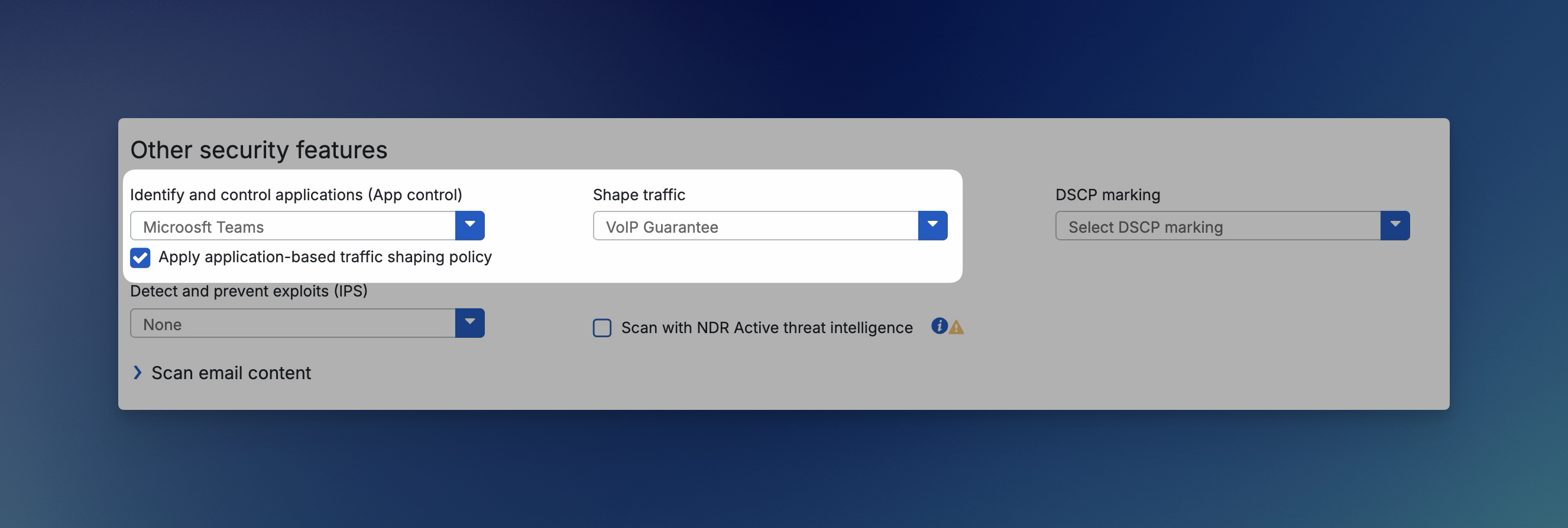 Sophos Firewall - Firewall Regel mit aktivierter Option Apply application-based traffic shaping policy