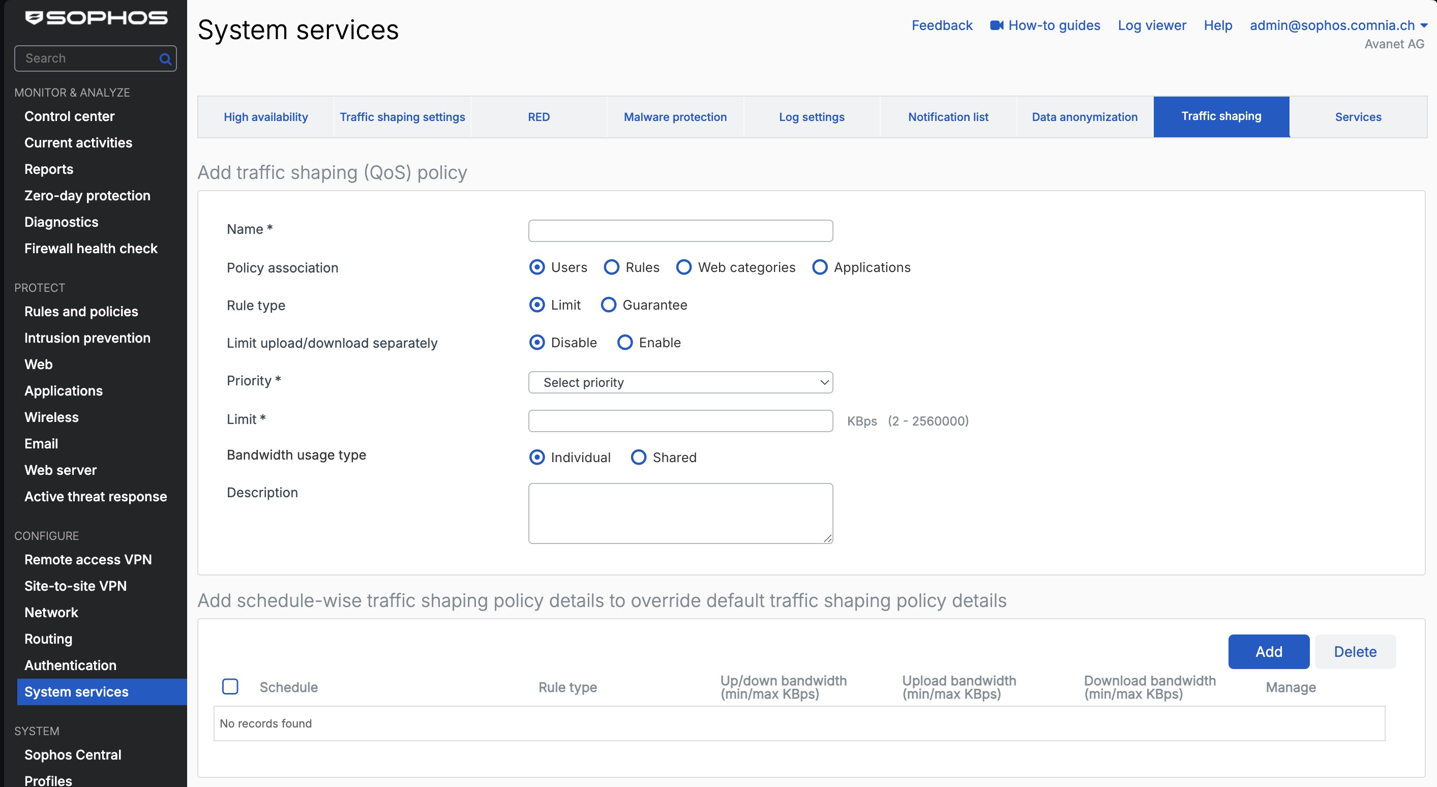 Sophos Firewall - Traffic-Shaping-Policy unter System services erstellen