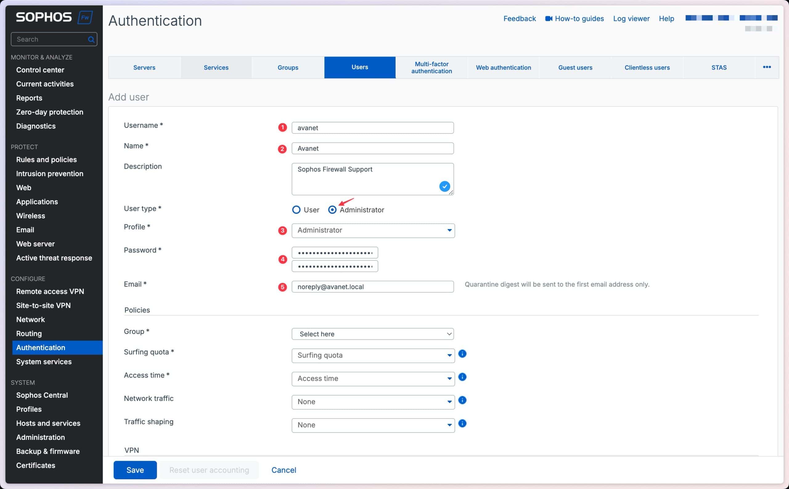 Sophos Firewall - wprowadzanie danych nowego użytkownika