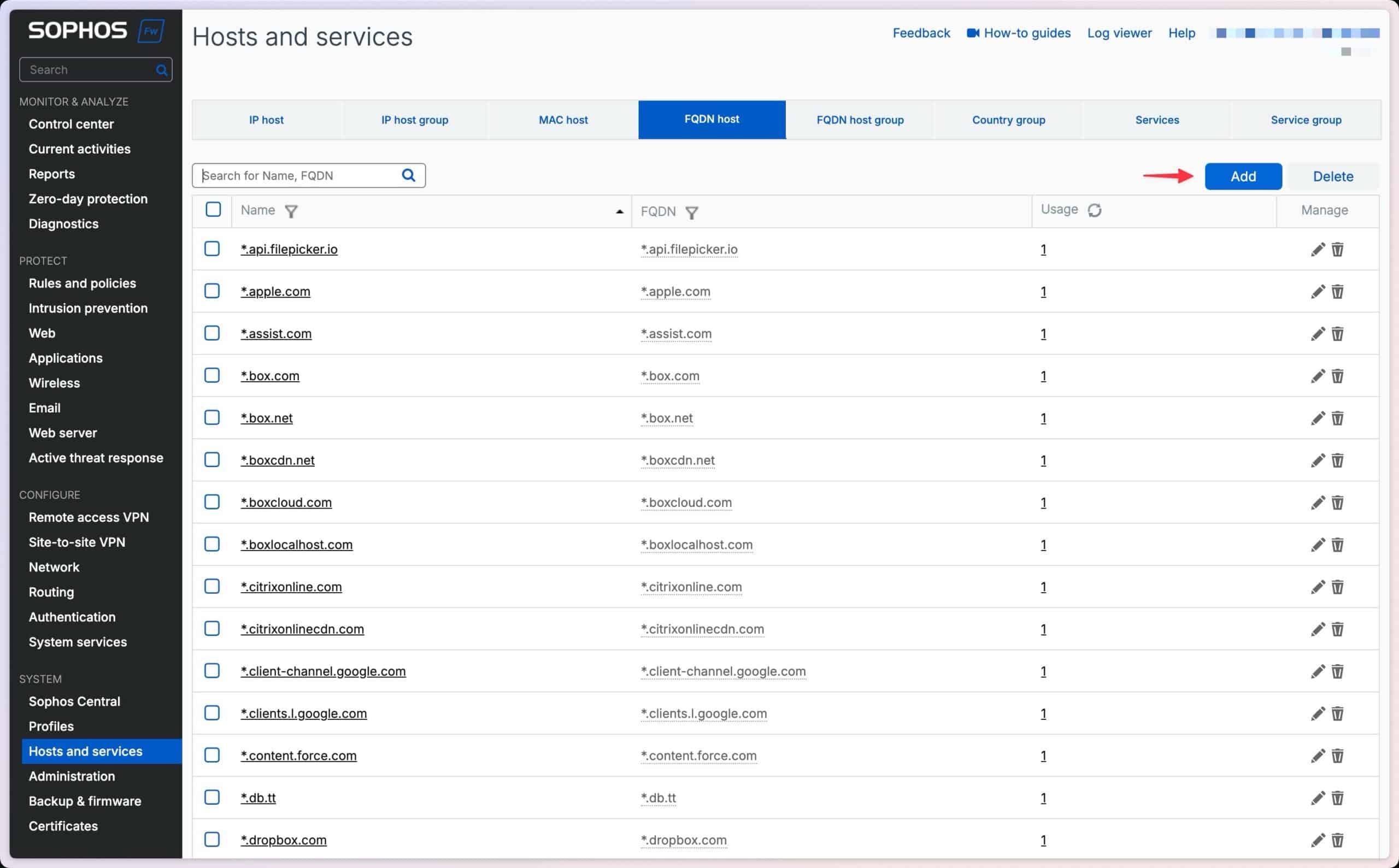 Sophos Firewall - dodawanie hosta FQDN