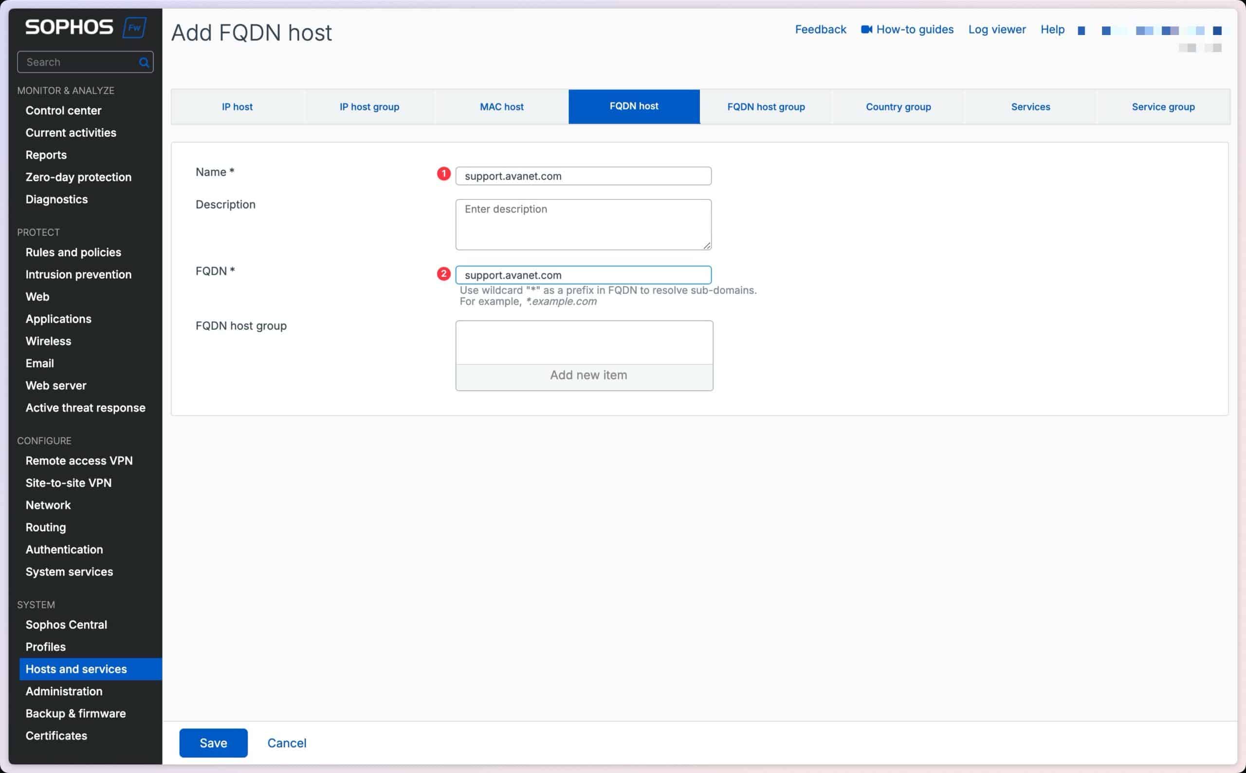Sophos Firewall - dodawanie hosta FQDN support.avanet.com