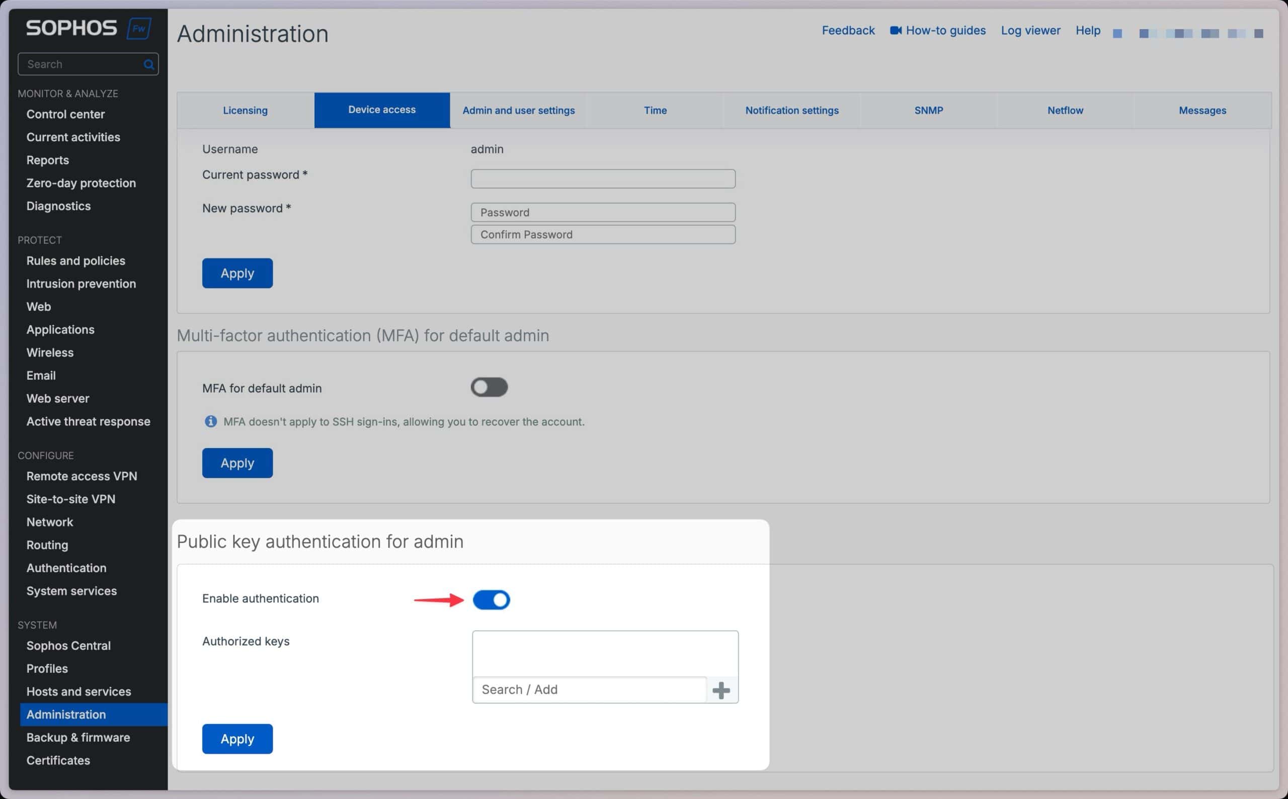 Sophos Firewall - dodawanie publicznego klucza SSH