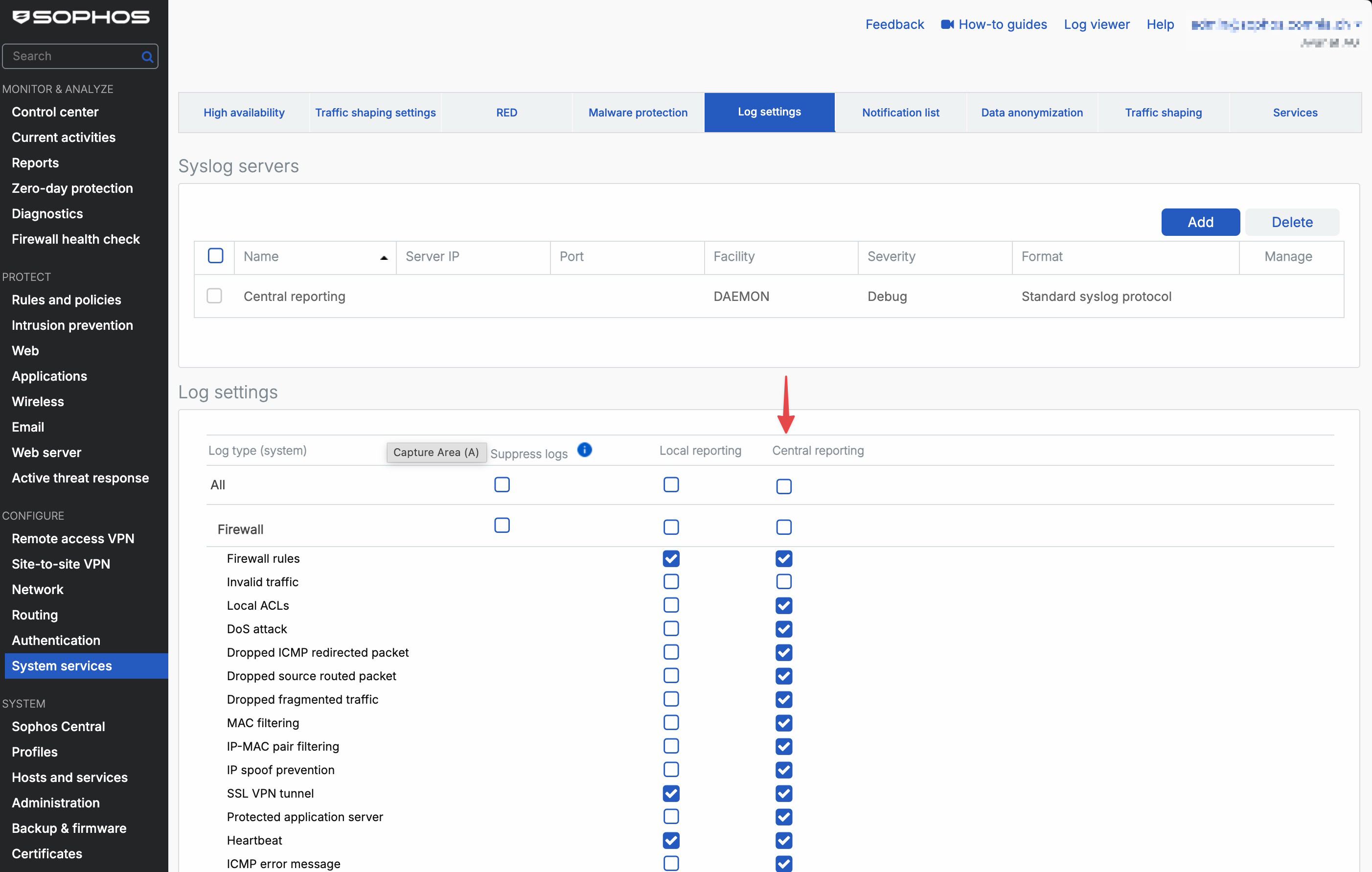 Sophos Firewall - Log settings z kolumną Central reporting