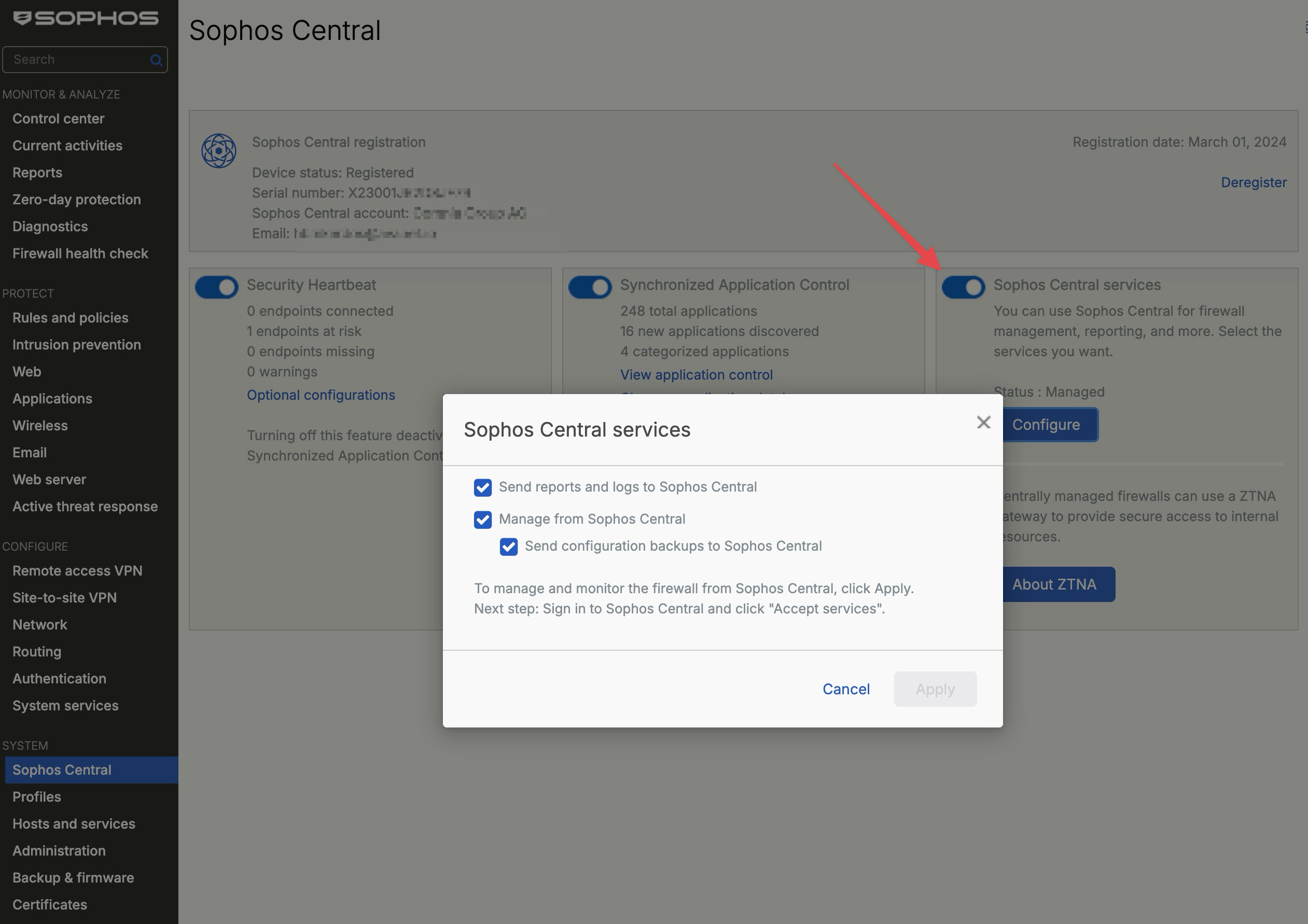 Sophos Firewall - aktywowanie Sophos Central services z Send reports and logs to Sophos Central