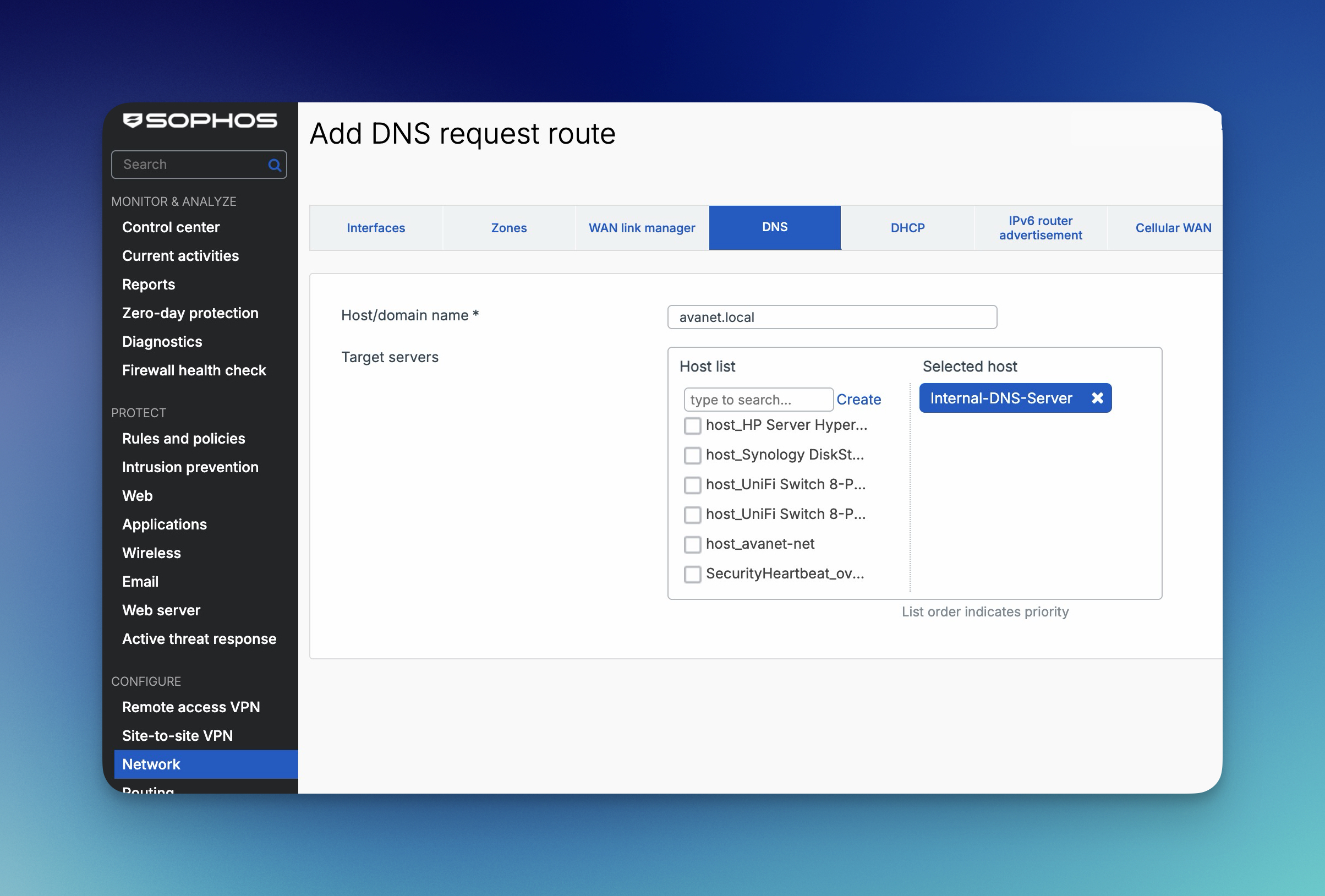 Sophos Firewall - DNS Request Route mit internem DNS-Server hinzufügen