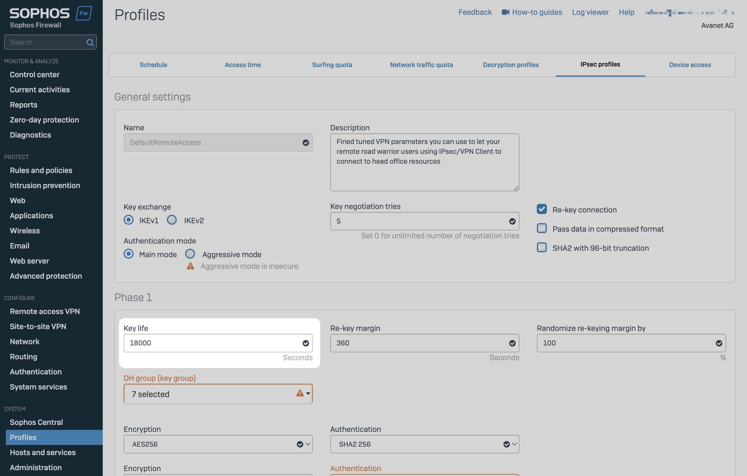 Sophos Firewall - IPsec Profiles DefaultRemoteAccess - Key life