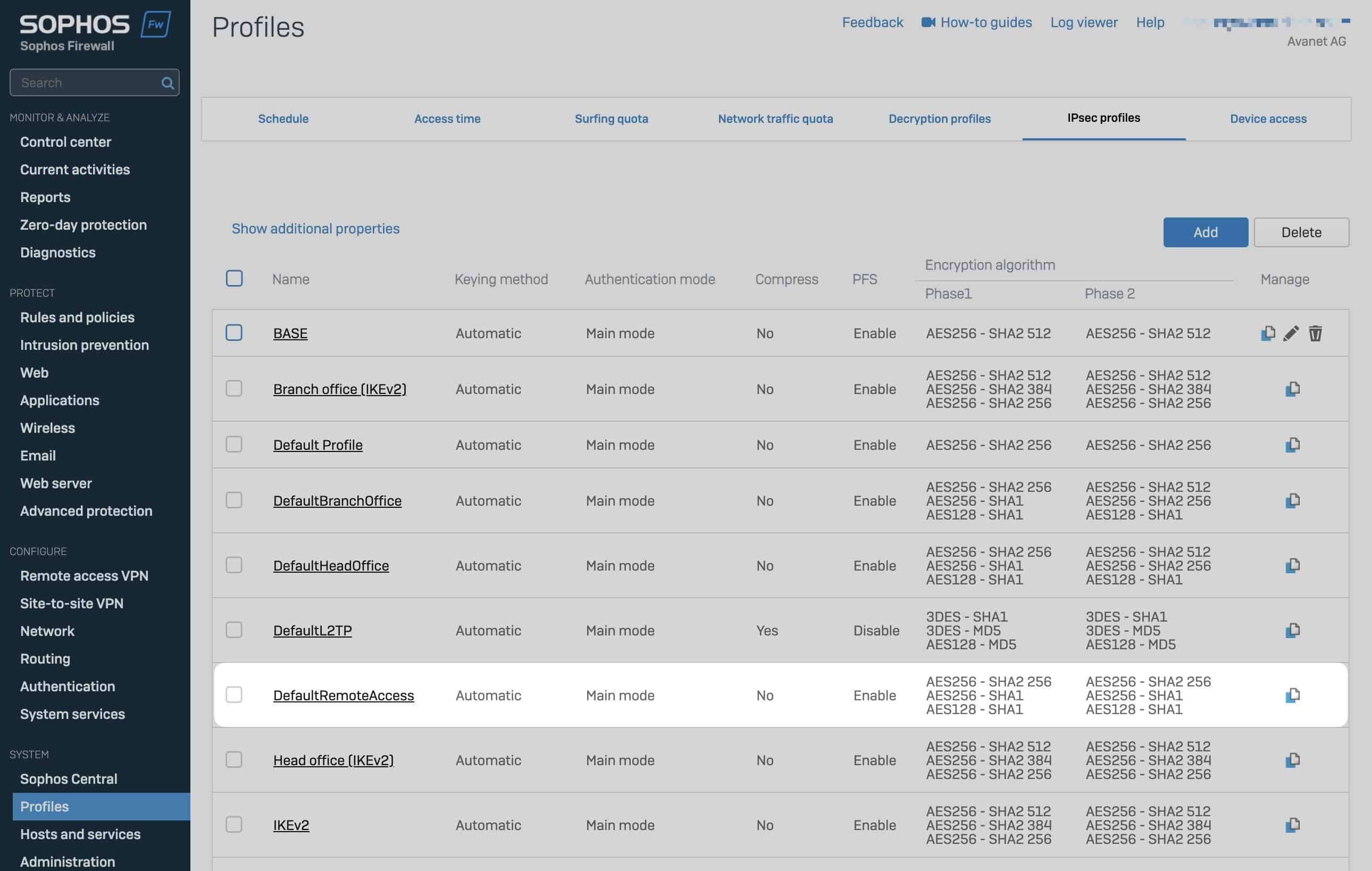 Sophos Firewall - IPsec Profiles DefaultRemoteAccess