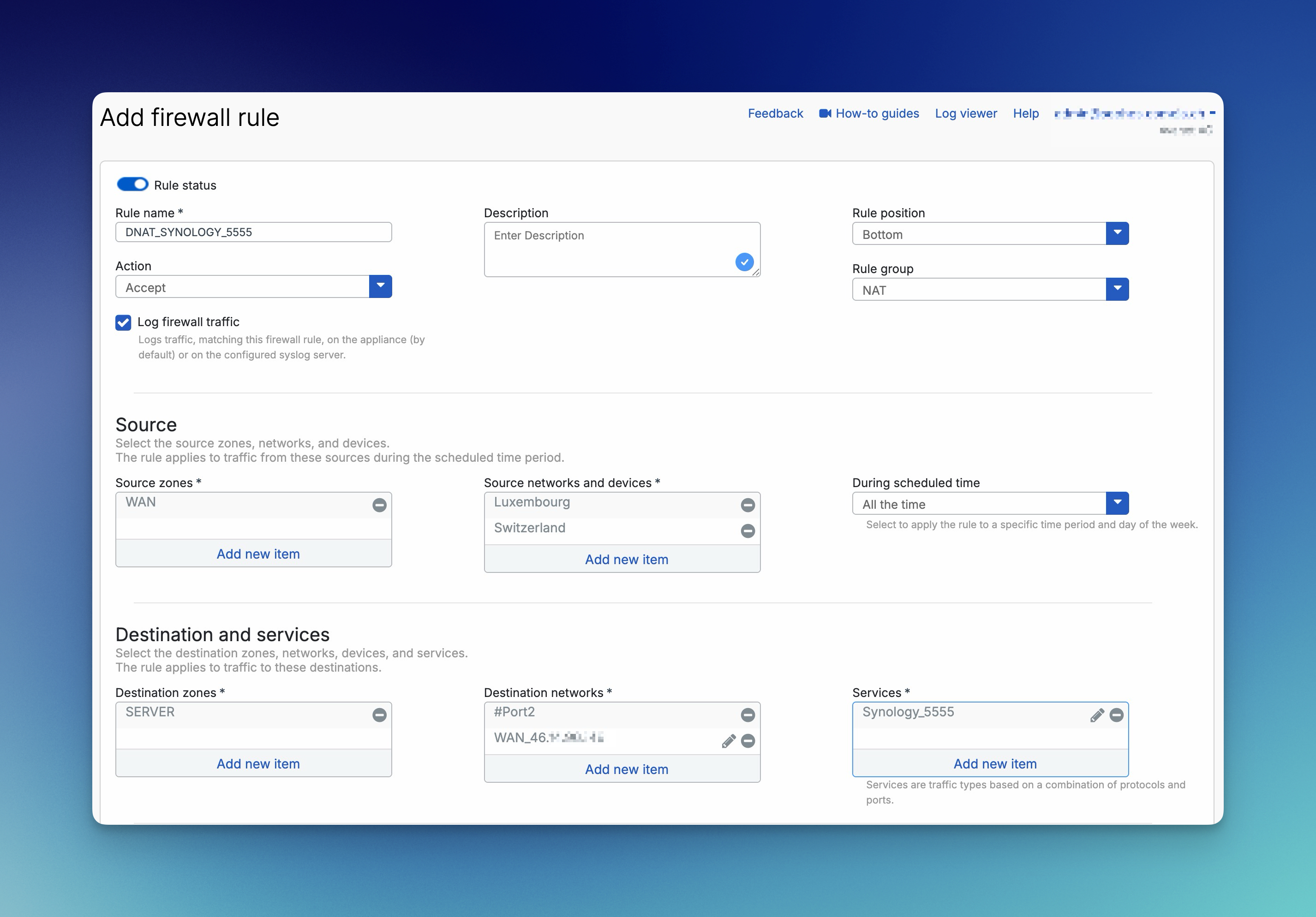 Sophos Firewall Add firewall rule passend zur DNAT Regel mit WAN Quellen und Zielnetz SERVER