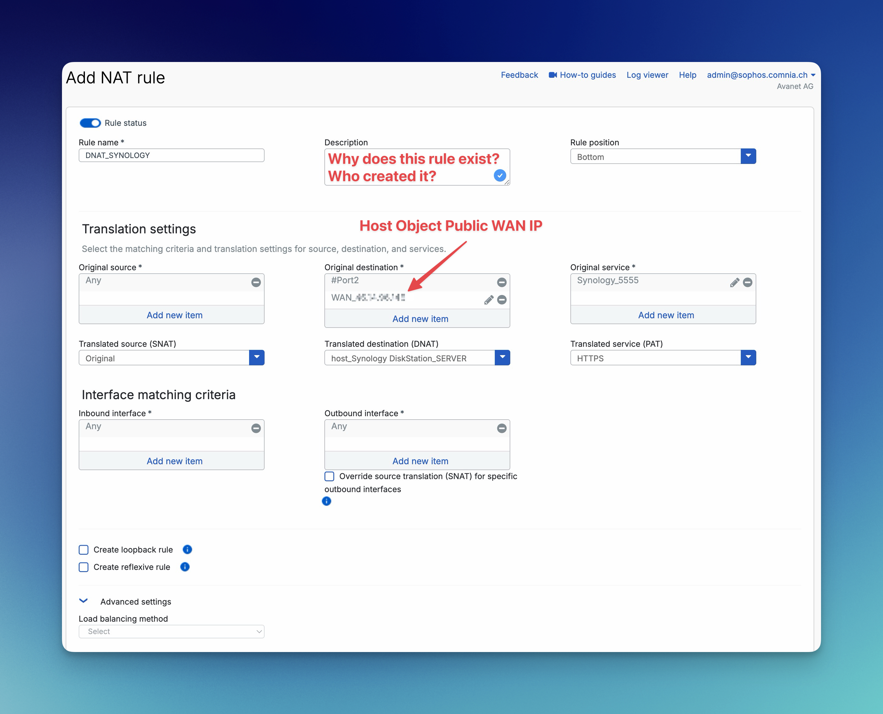 Sophos Firewall Add NAT rule mit DNAT und PAT Beispiel für einen Synology Dienst