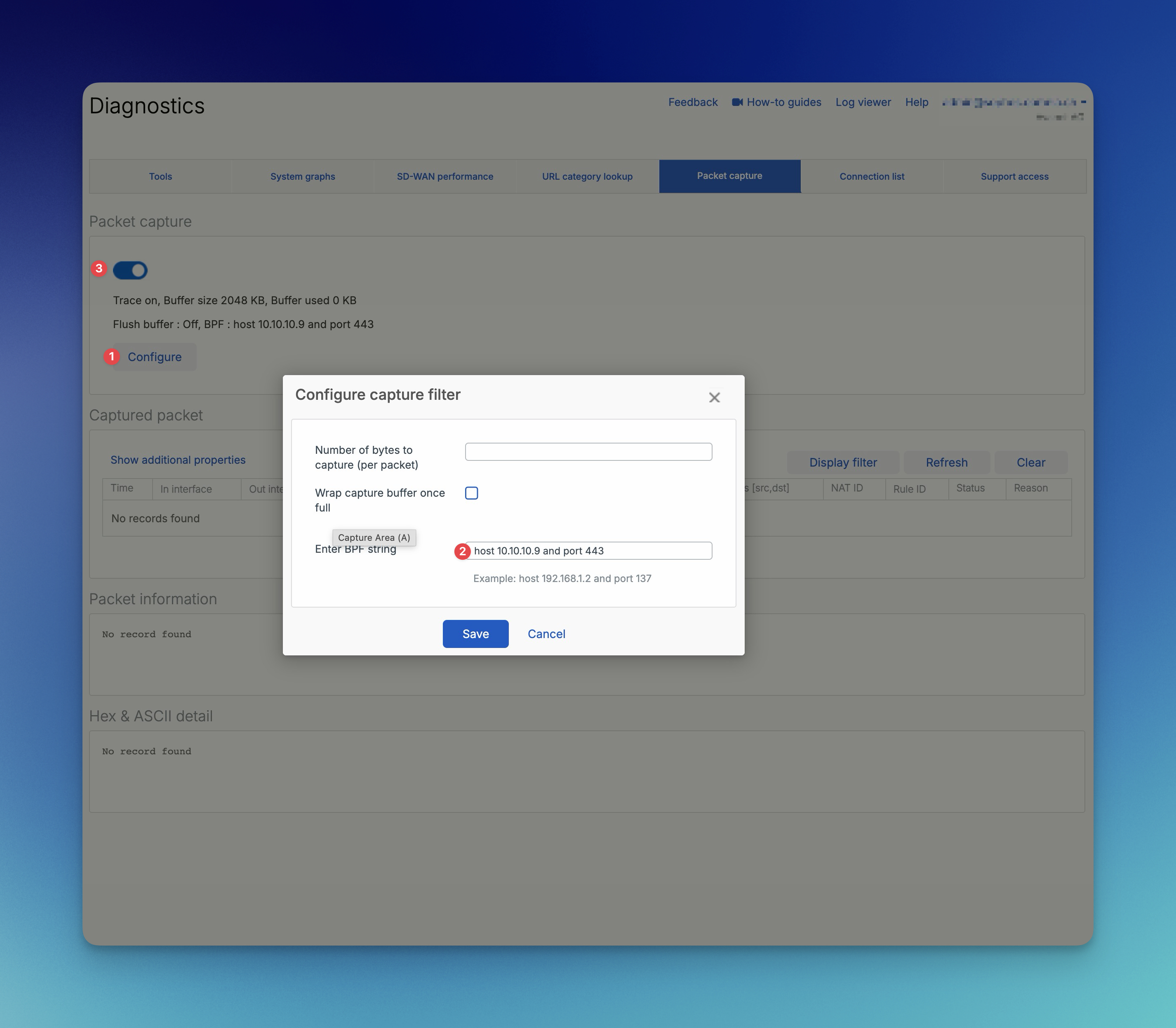 Sophos Firewall Packet Capture Configure capture filter mit BPF String für Host und Port 443