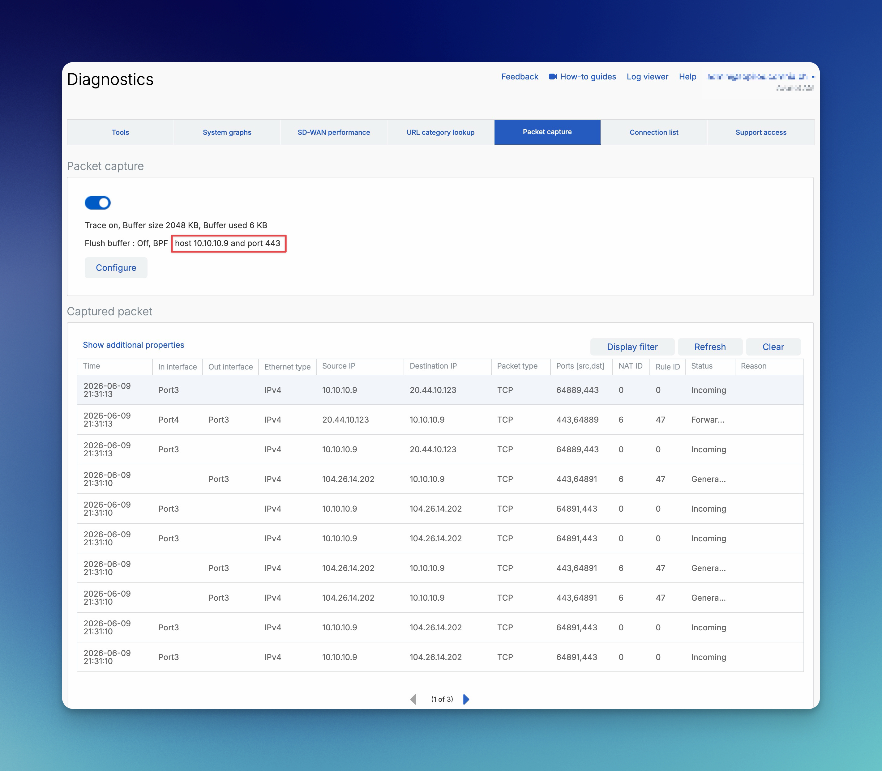 Sophos Firewall Packet Capture Ergebnisliste mit aktivem BPF Filter und erfassten TCP Paketen
