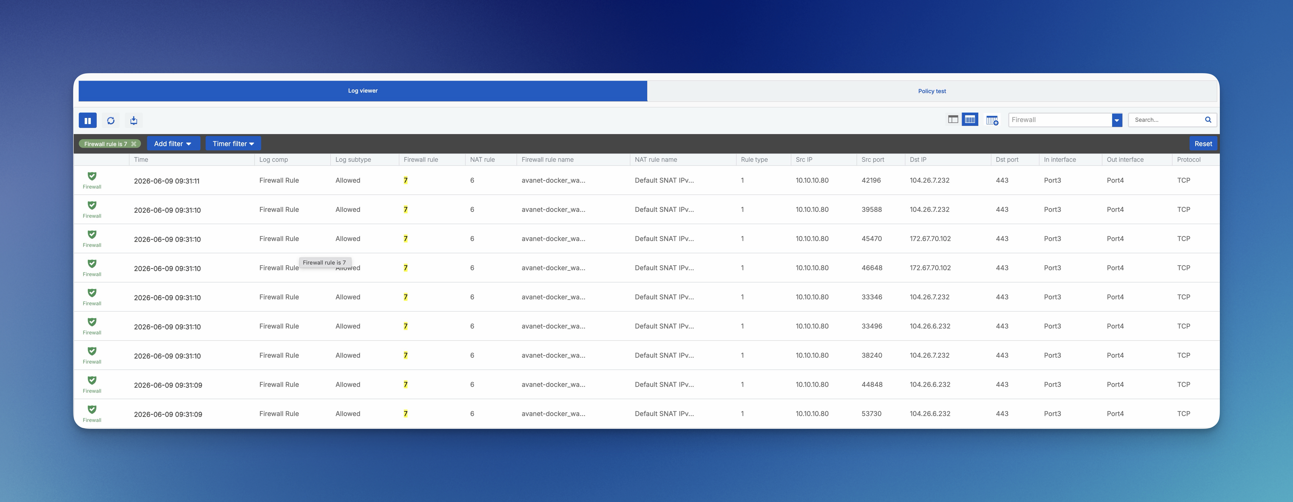 Sophos Firewall Log Viewer mit Firewall rule ID und NAT rule ID