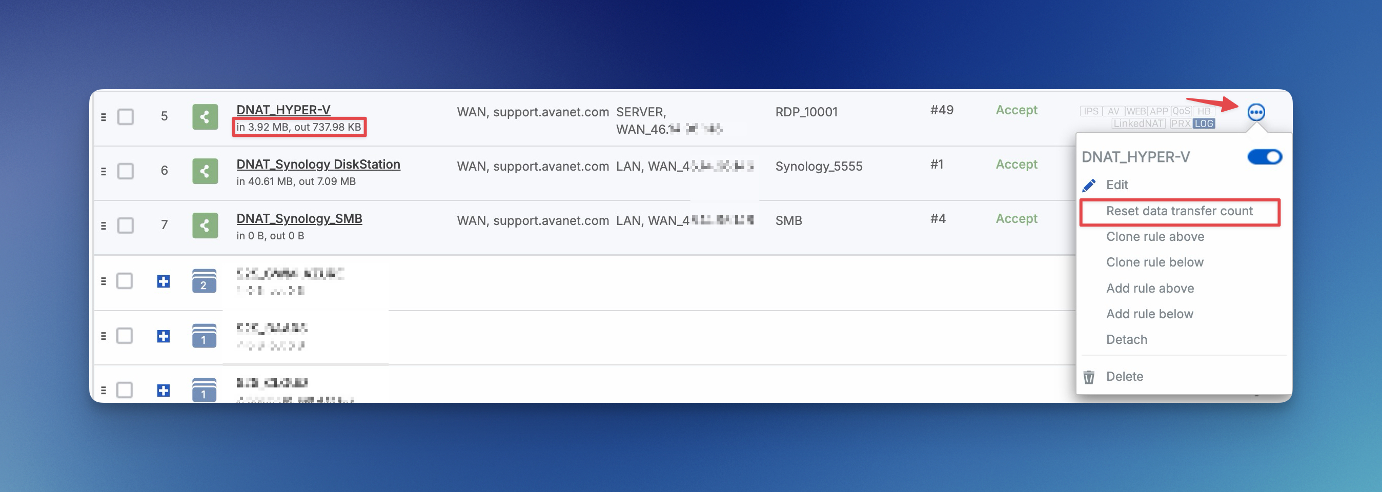 Sophos Firewall Drei-Punkte-Menü mit Reset data transfer count