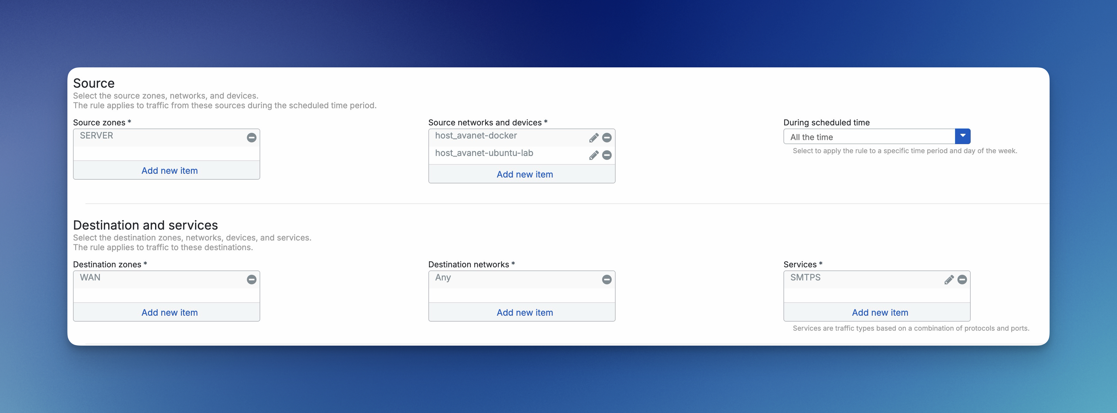 Sophos Firewall Firewall-Regel mit Source, Destination and services